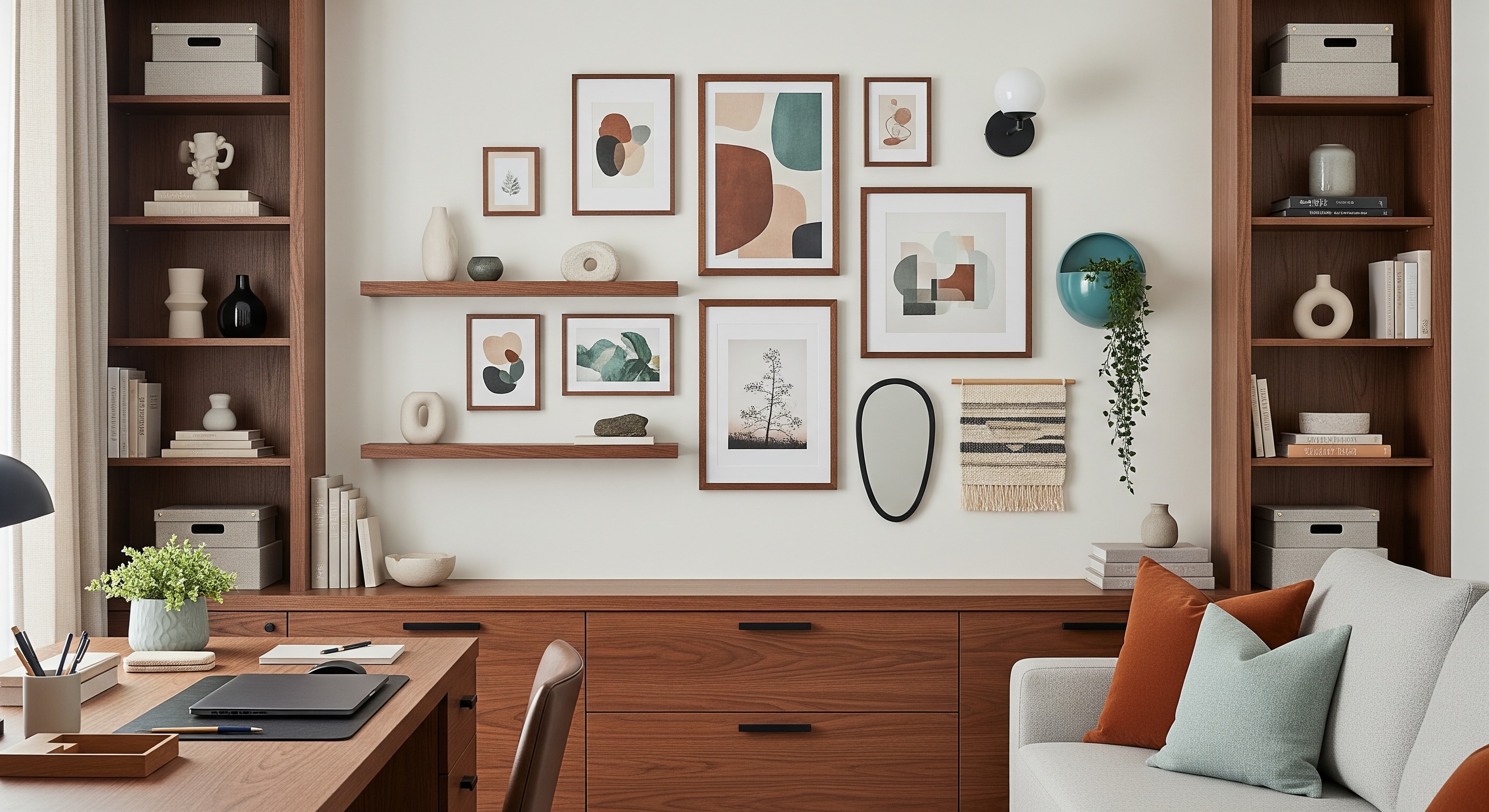 Modern Chic Home Office and Guest Room Gallery Wall with Teal, Green, Brown and Cherry Wood Frames
