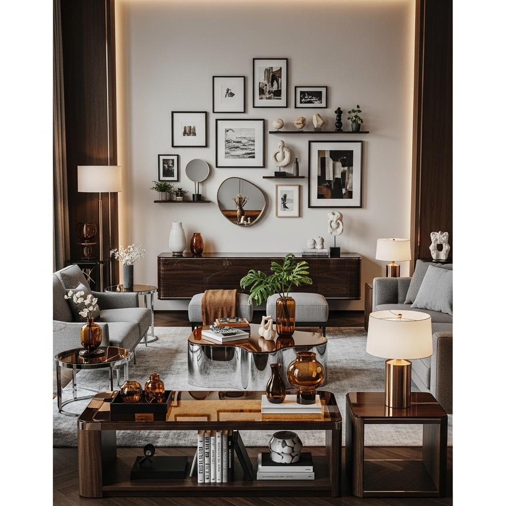 Modern Chic Living Room Gallery Wall with Chrome Accents, Dark Wood Shelves and Mixed Frames