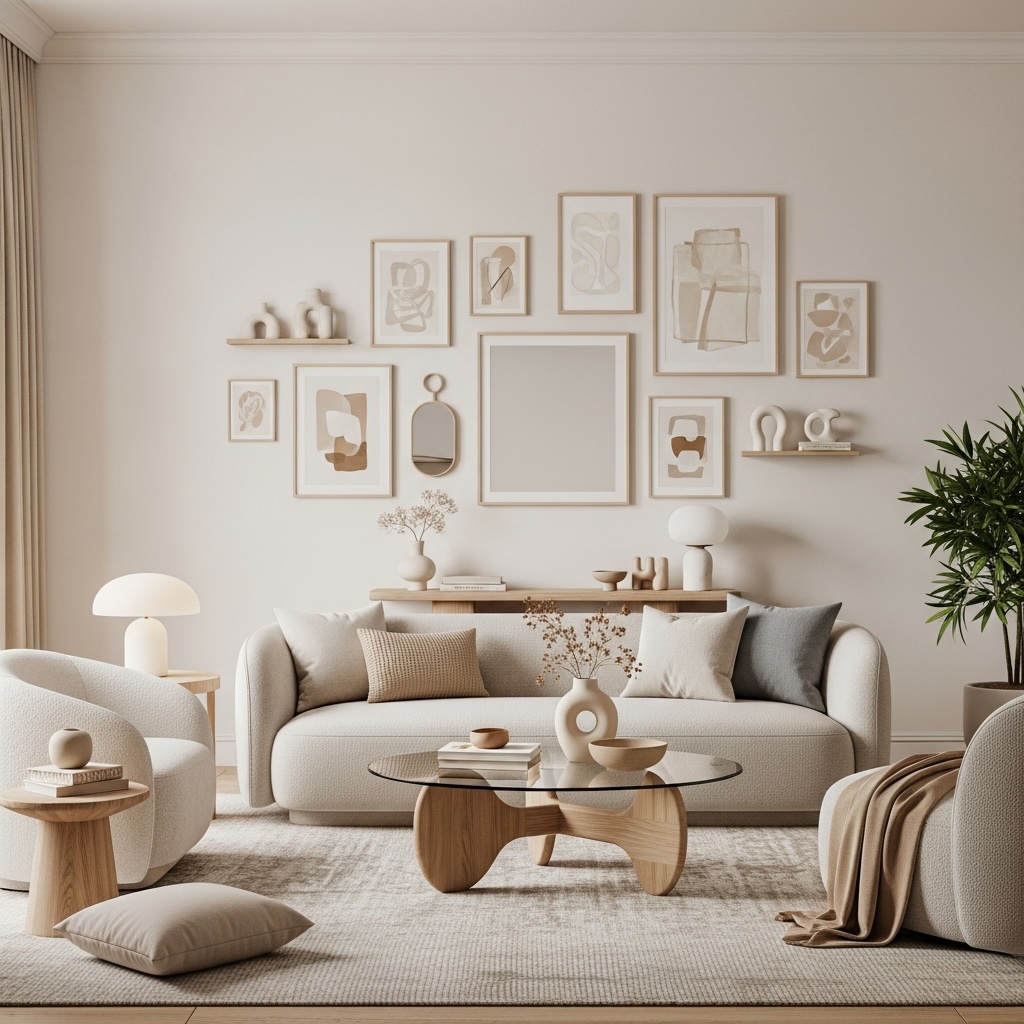 Soft Modern Living Room Gallery Wall with Neutral Beige Tones and Light Wood Frames
