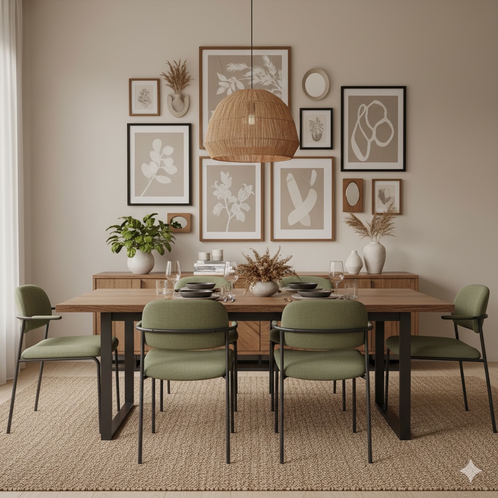 Natural Dining Room Gallery Wall with Green Accents, Black Metal and Warm Wood Frames