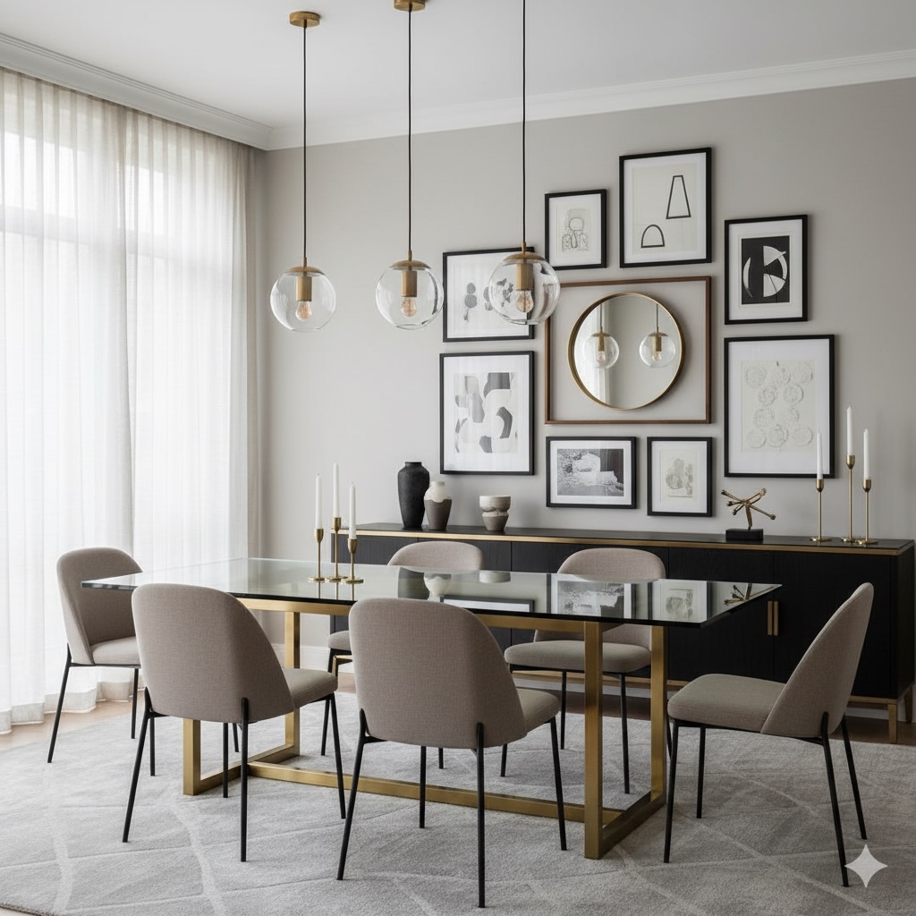 Elegant Dining Room Gallery Wall with Black Frames, Gold Metal and Glass Accents