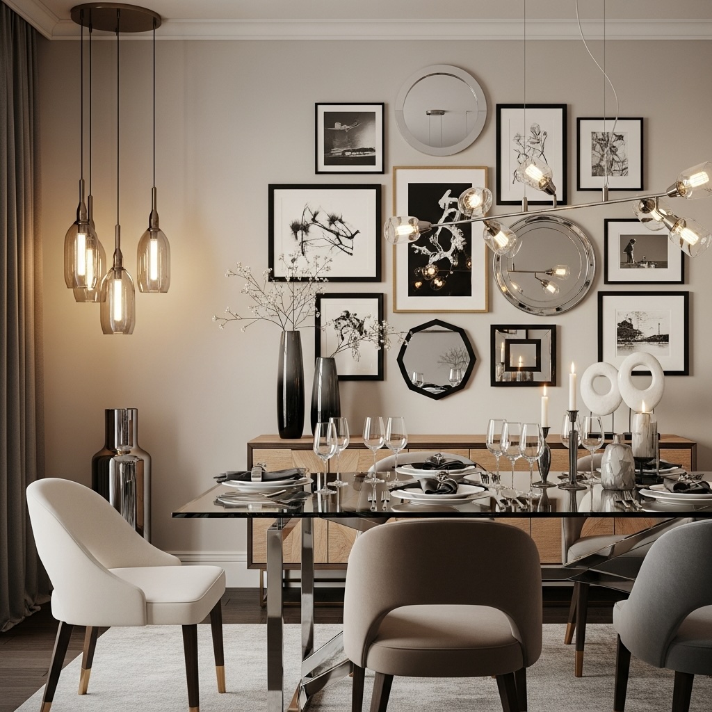 Elegant Dining Room Gallery Wall with Silver Metal, Black Frames and Light Oak Accents