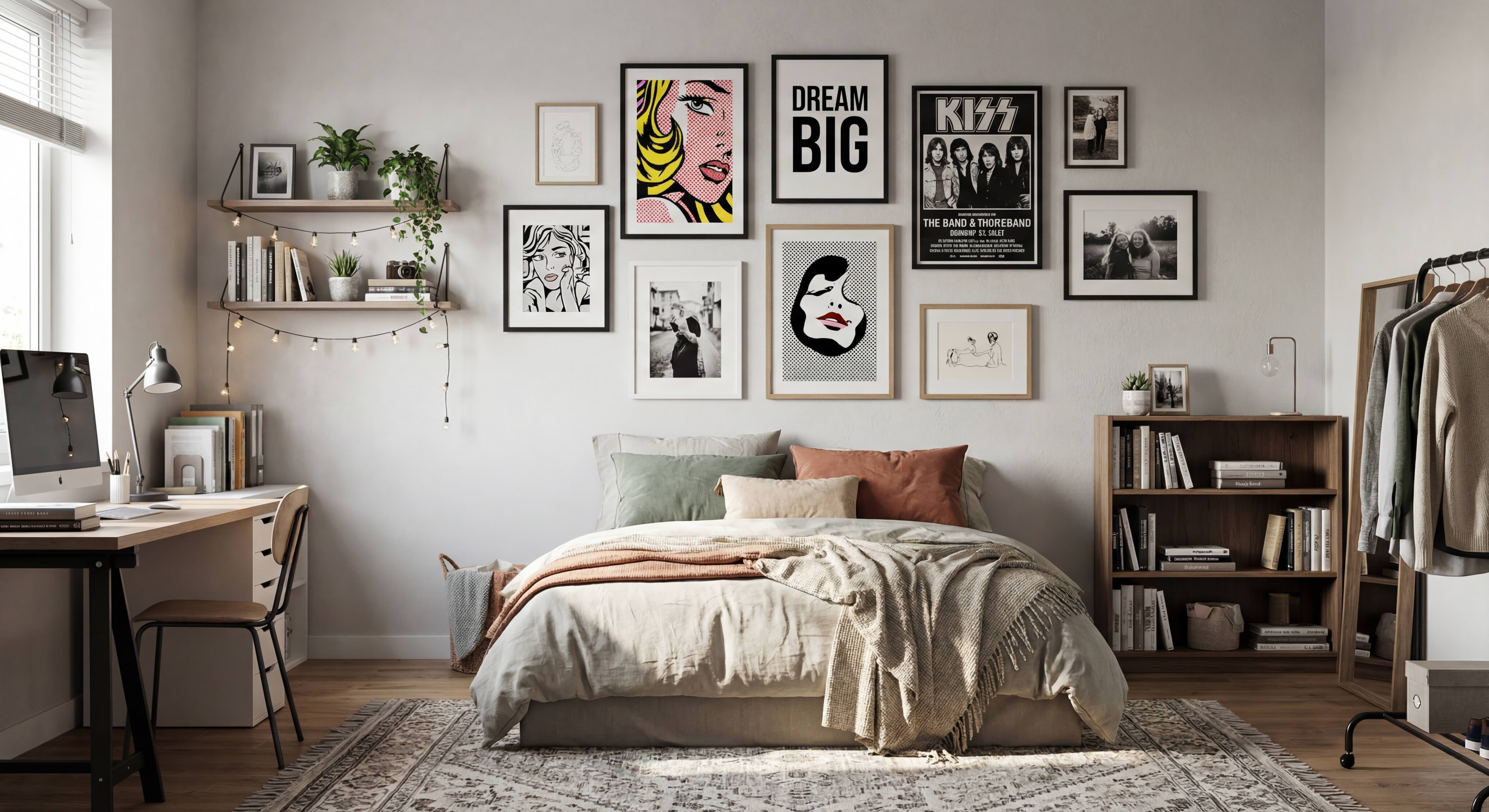 Teenager Bedroom Gallery Wall with Oak and Black Frames and Rock & Pop Art Prints