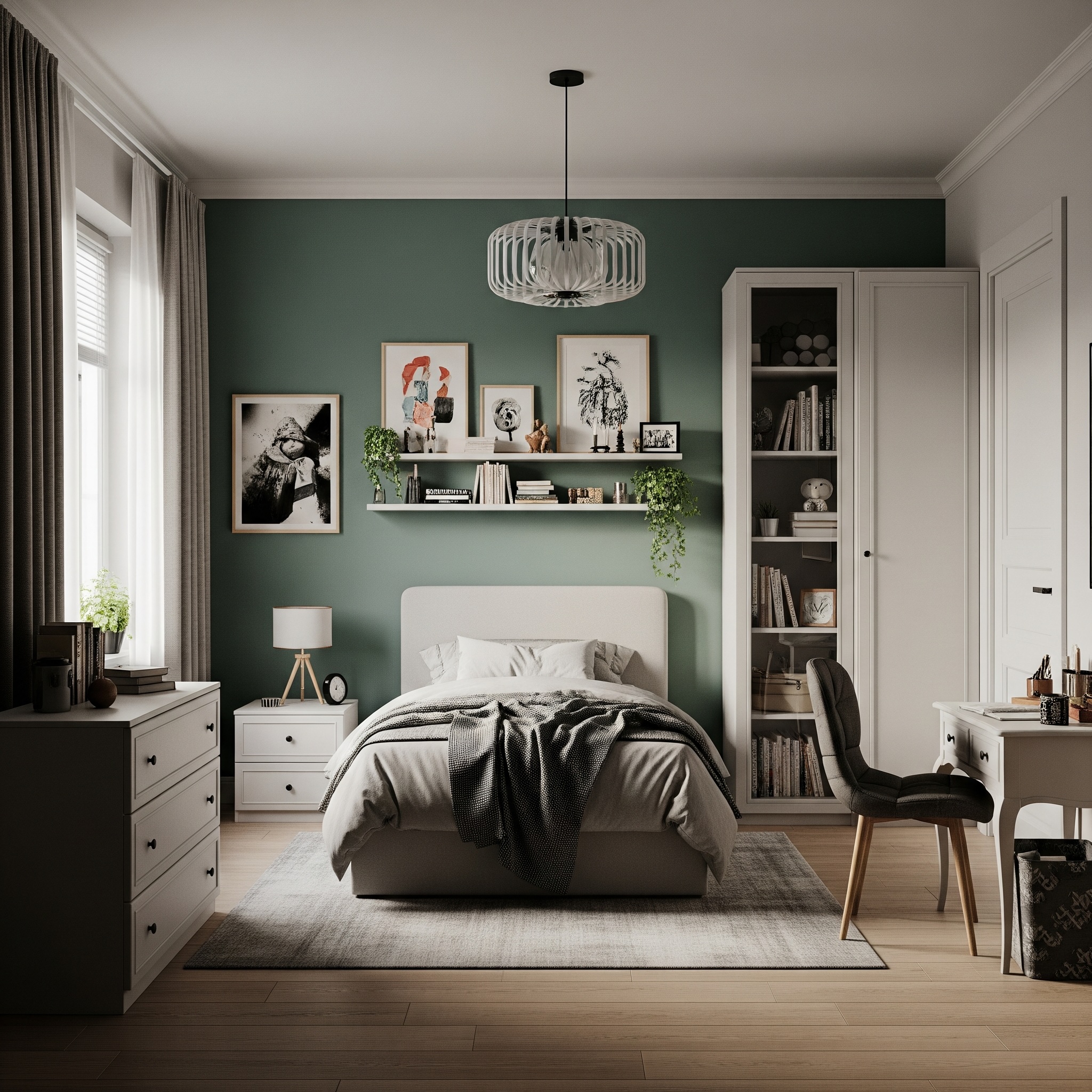 Guest / Teenager Bedroom Gallery Wall with Green Accent Wall, White Furniture, and Oak Frames