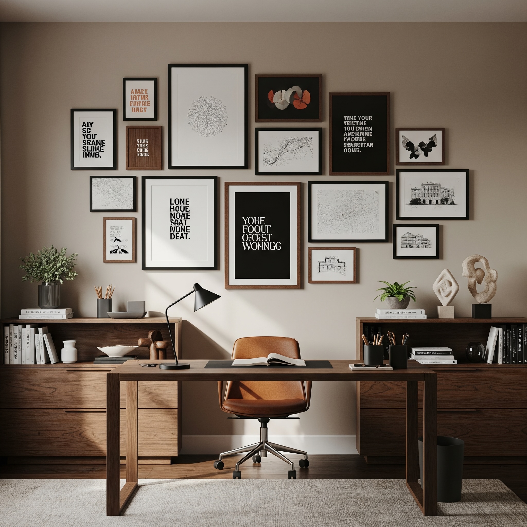 Home Office Gallery Wall with Dark Walnut Furniture, Black Frames, and Modern Art Prints