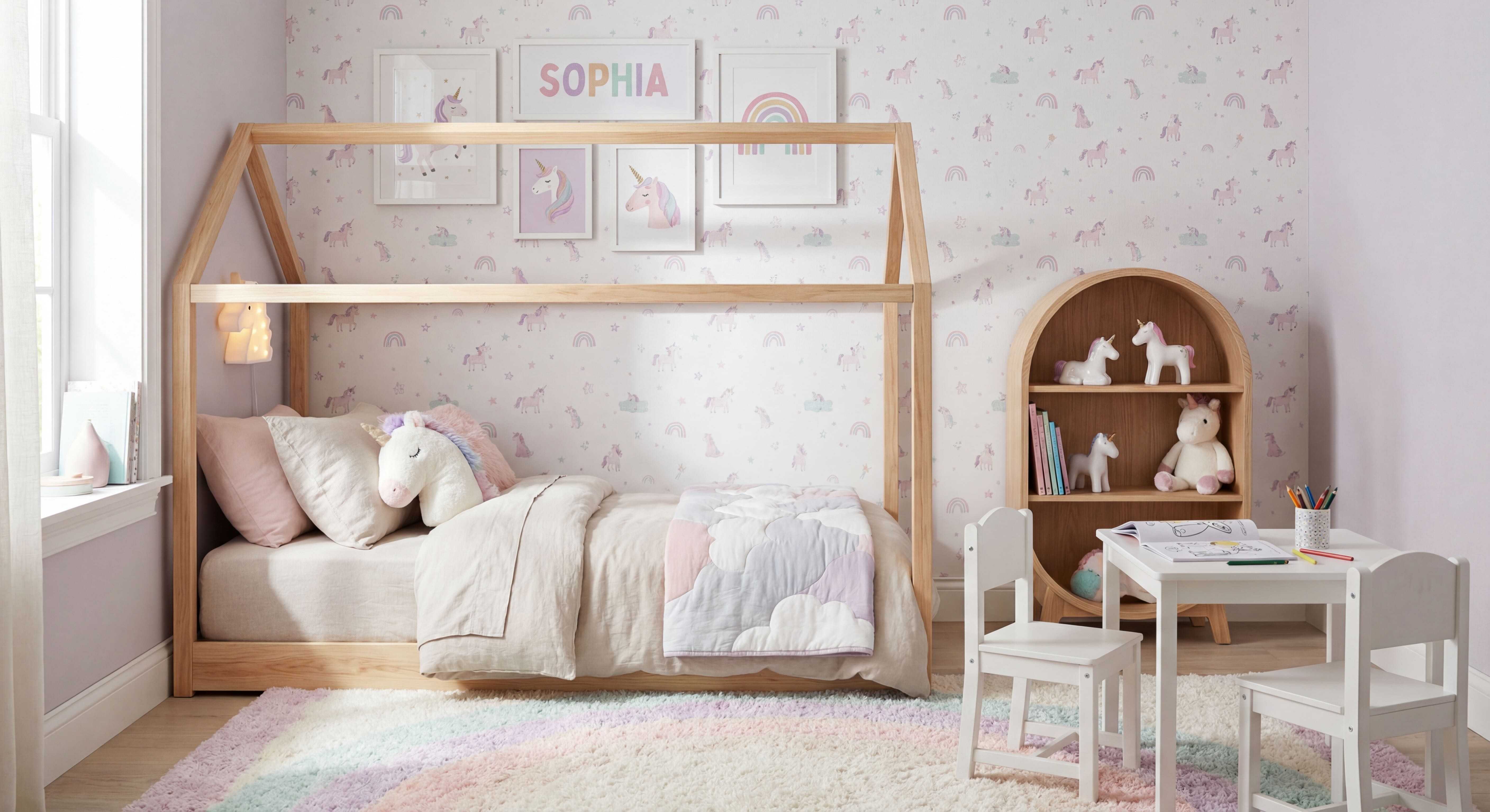 Girl Bedroom Gallery Wall with White Frames, Unicorn and Rainbow Prints in Pink and Purple Pastels