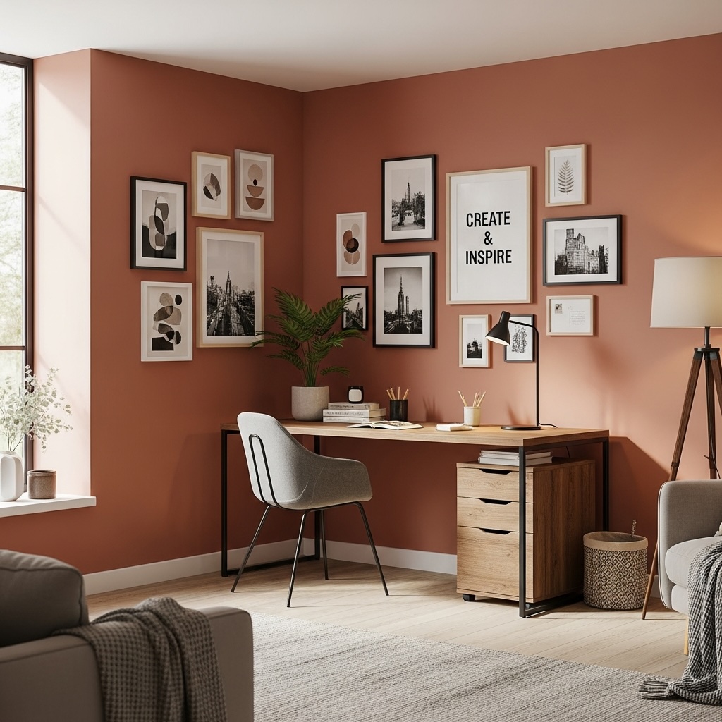 Home Office Gallery Wall with Terracotta Walls, Oak Furniture, and White, Black & Birch Frames