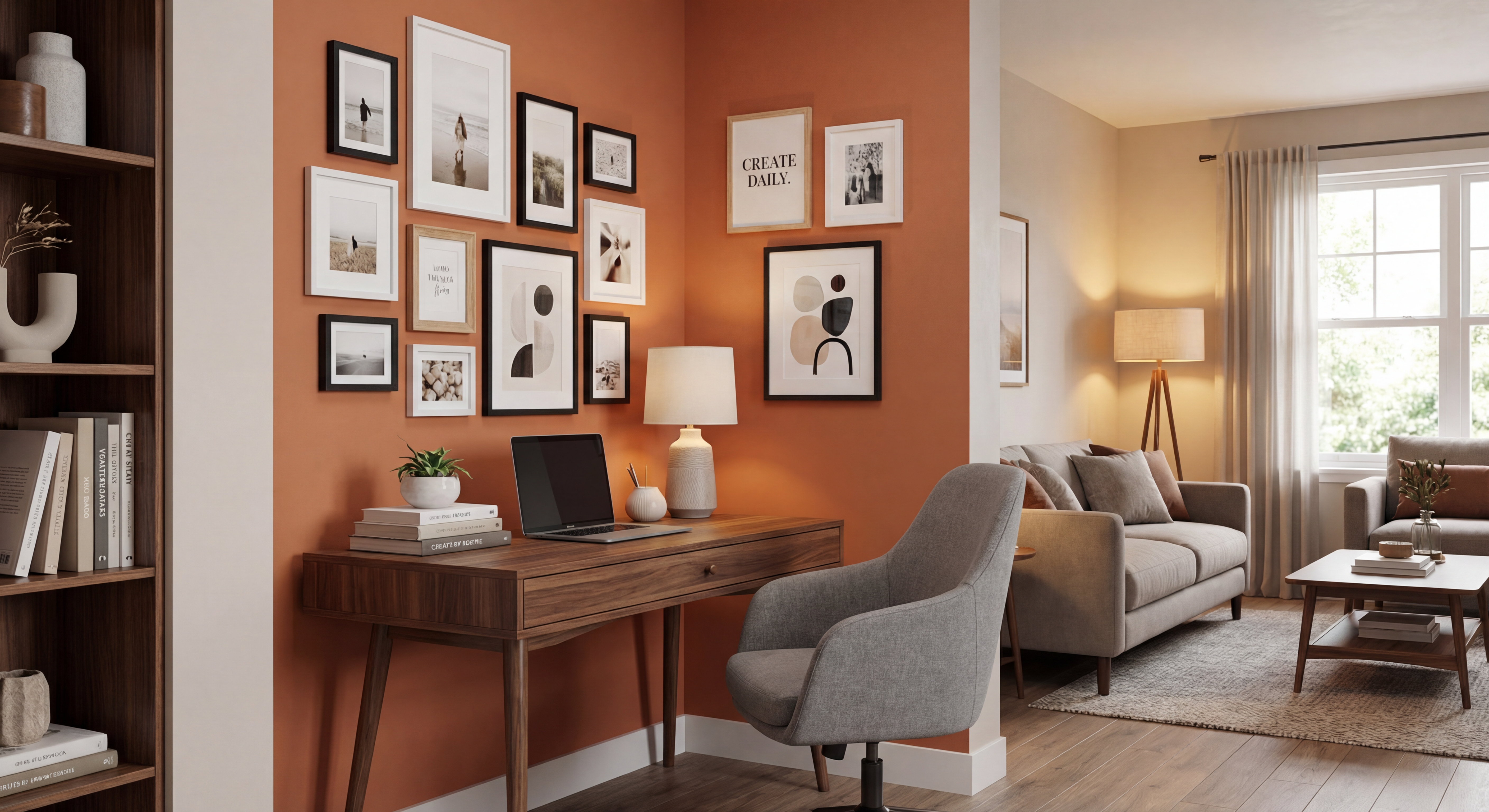 Home Office Gallery Wall with Terracotta Walls, Dark Walnut Desk, and Mixed Frames