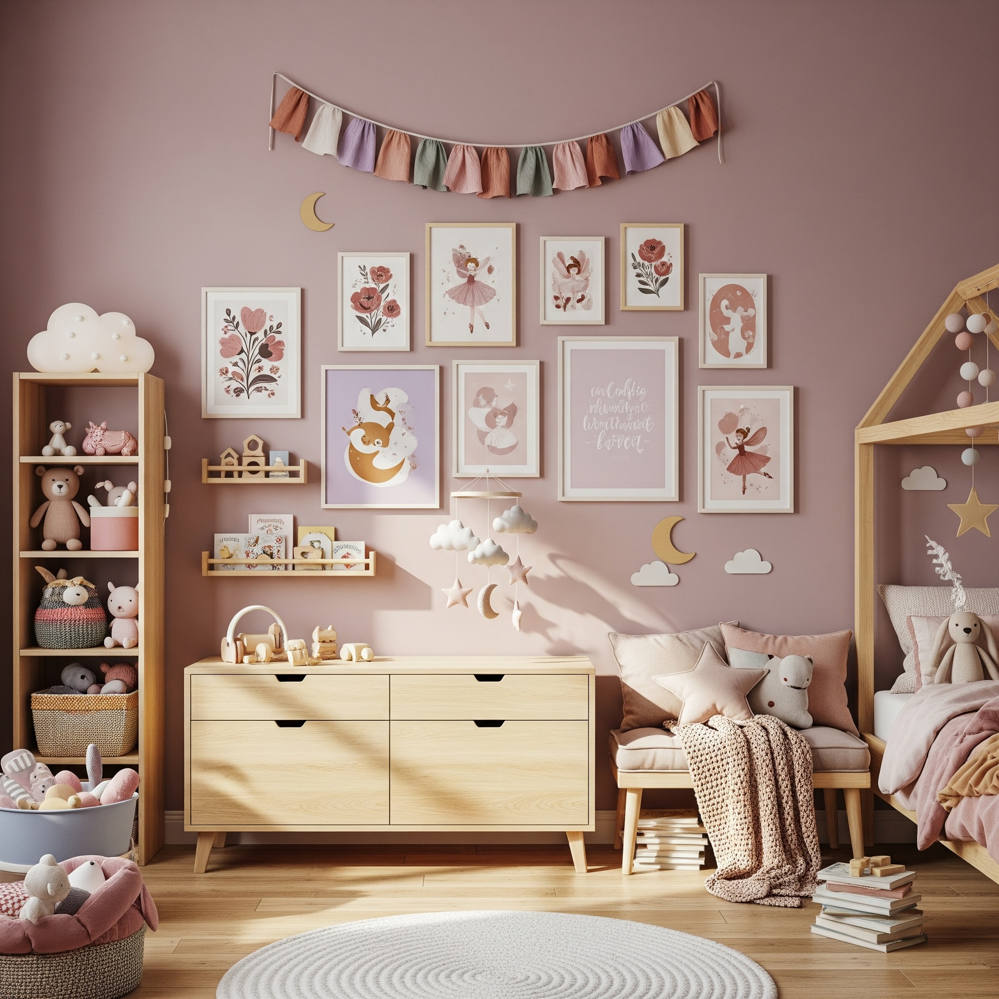 Girl Bedroom Gallery Wall with White Frames, Birch Shelves, and Watercolor Illustrations