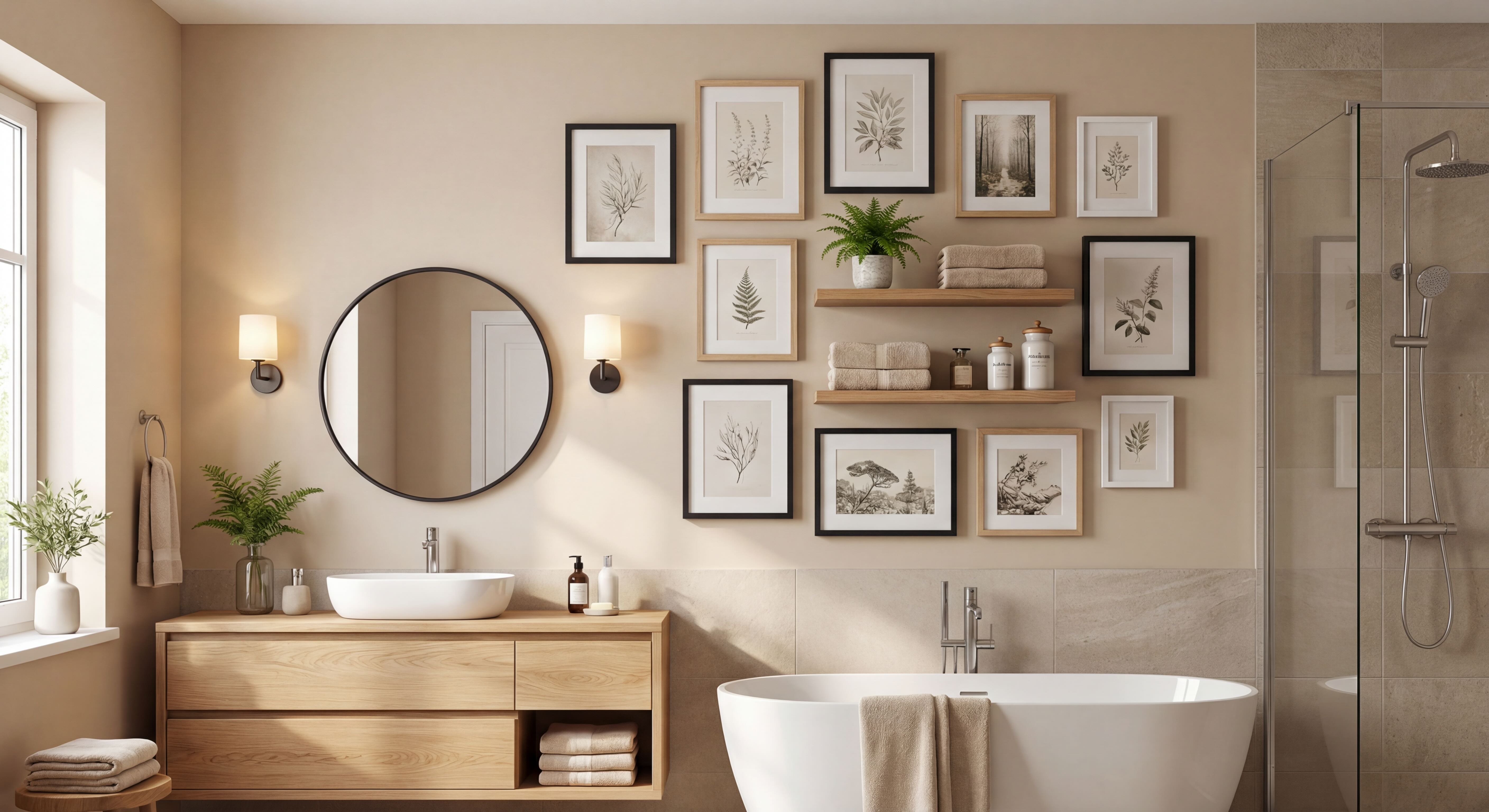 Beige Modern Bathroom Gallery Wall with Oak, Black and White Frames and Sand Walls