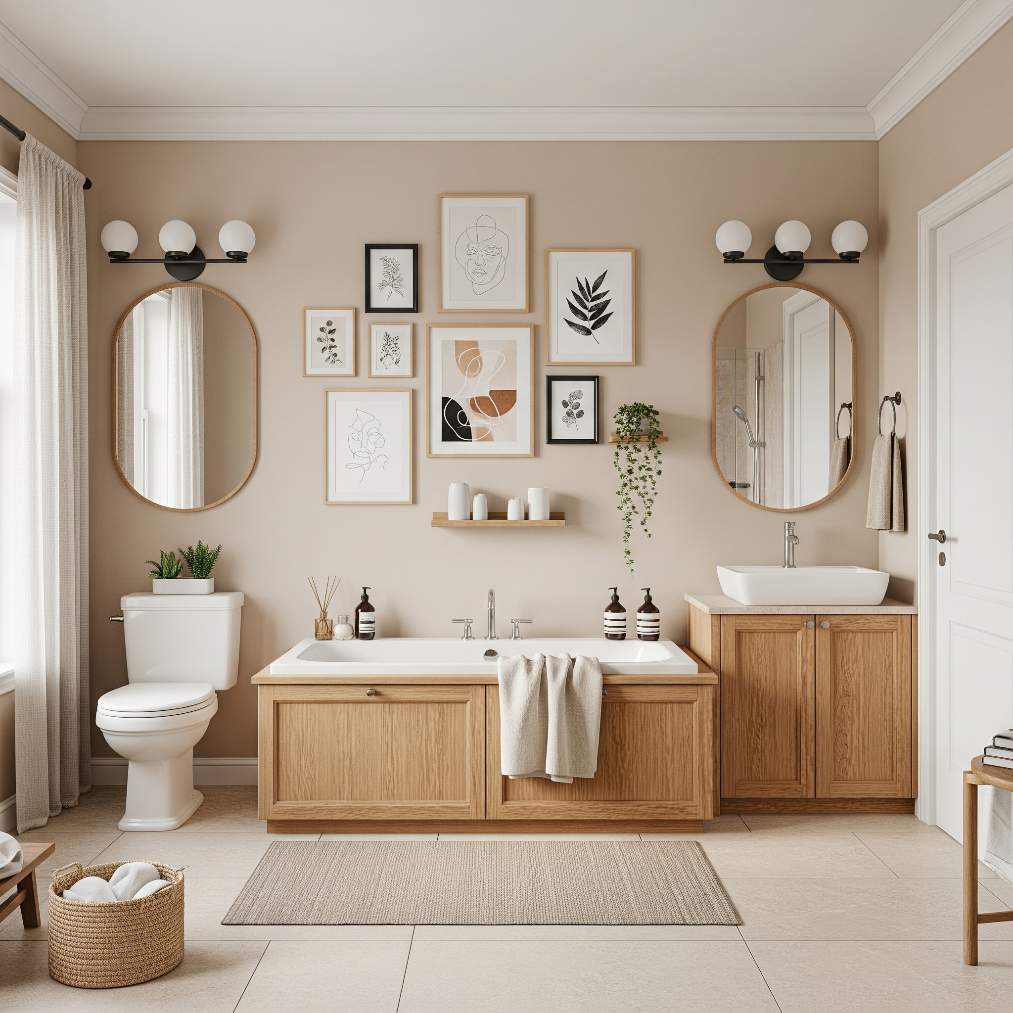 Cream Beige Bathroom Gallery Wall with Light Pine and Black Frames