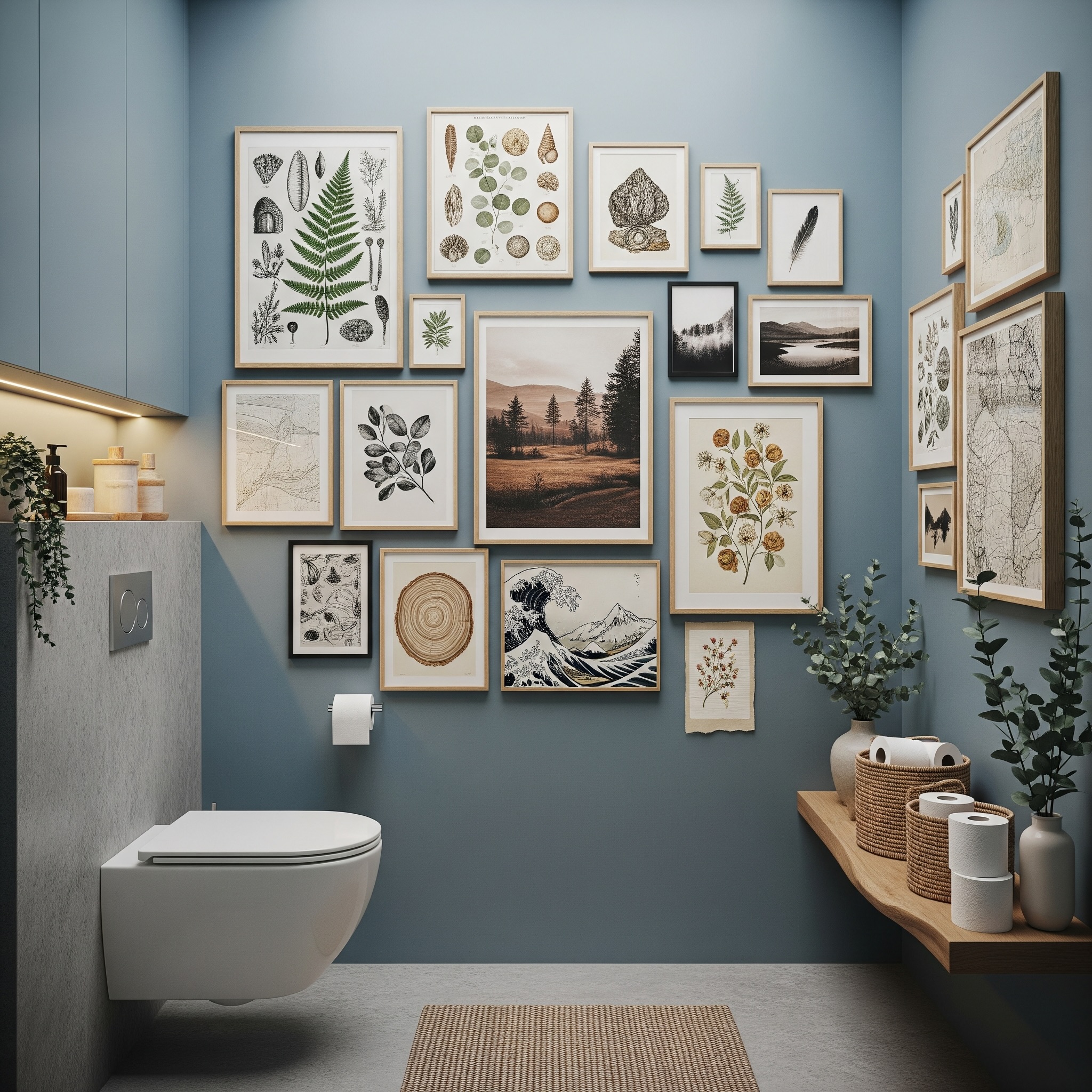 Mineral Blue Toilet Gallery Wall with Birch Frames and Botanical Art