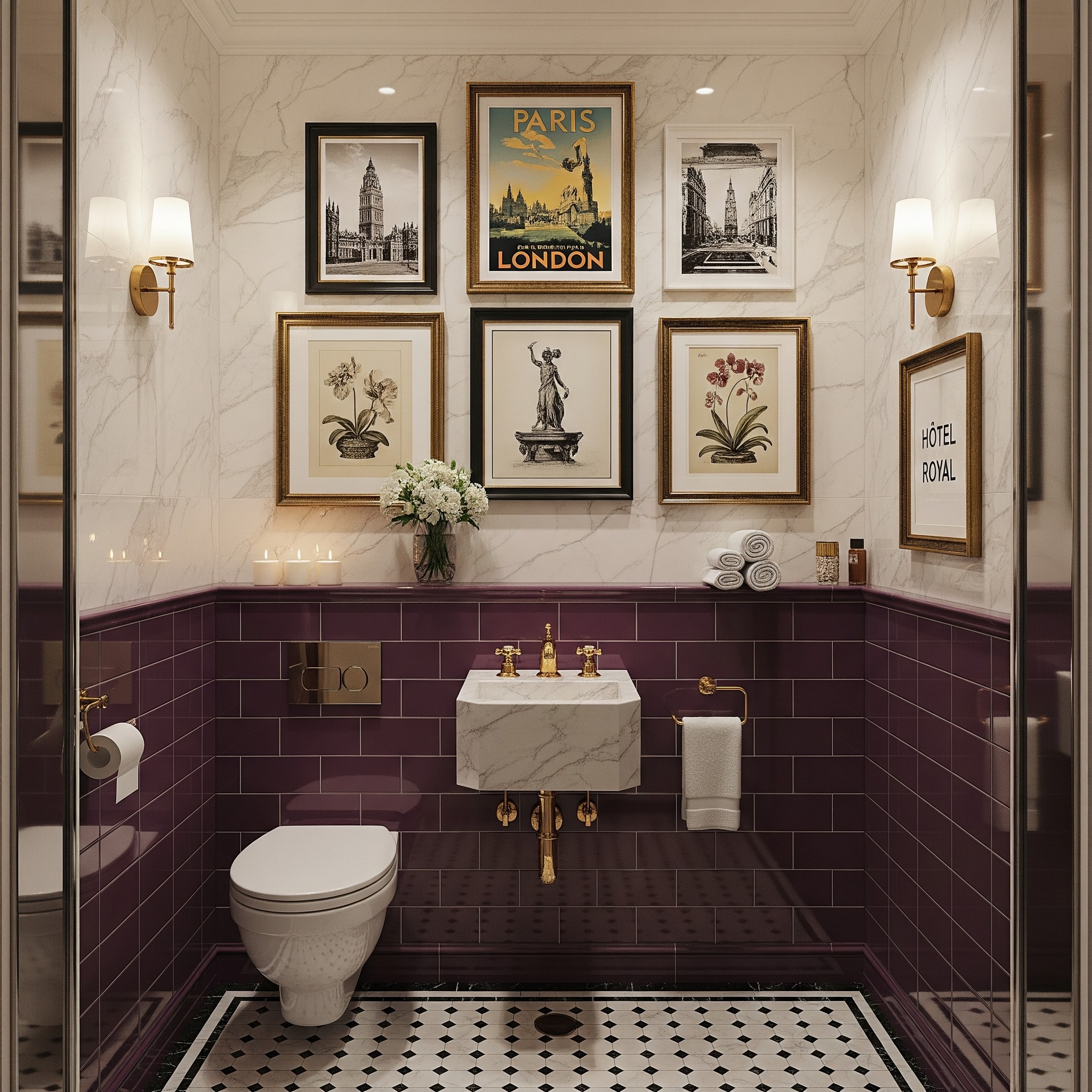 Purple Toilets Gallery Wall with Gold, Black and White Frames and Vintage Paris and London Art