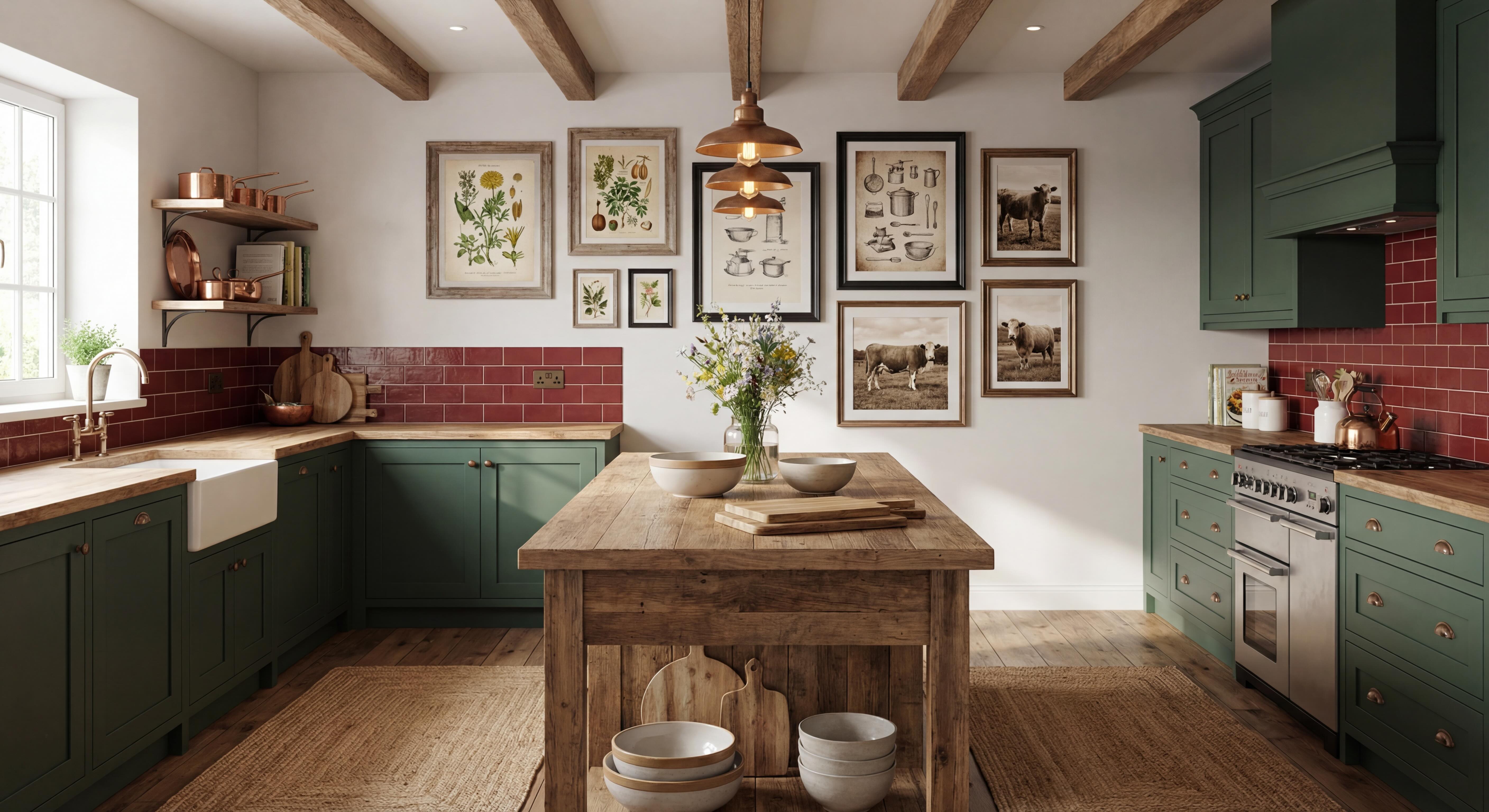 Rustic Countryside Kitchen Gallery Wall with Green Cabinets, Bordeaux Tiles and Black, Gold and Aged Wood Frames