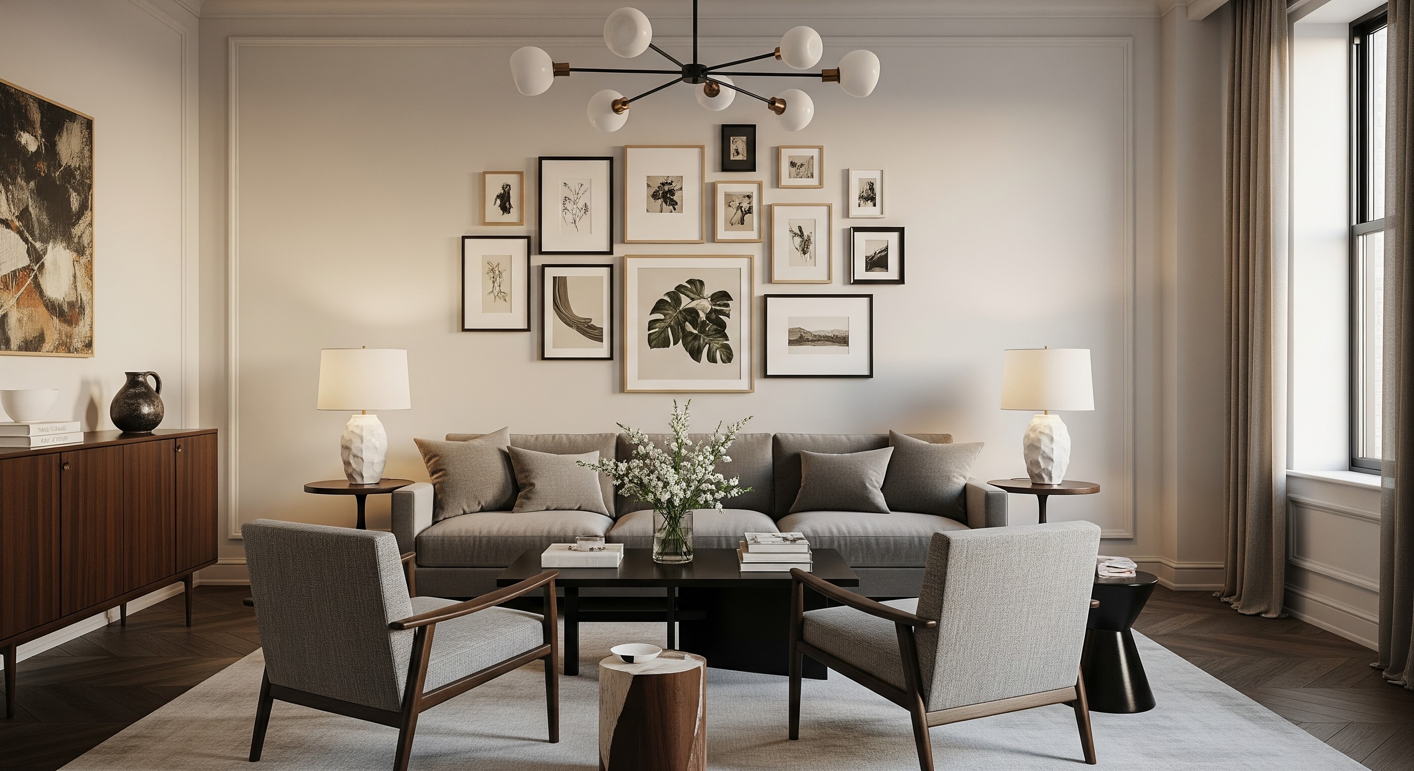 Contemporary Vintage Living Room Gallery Wall with Beige and Grey Tones, Dark Wood and Oak and Black Frames