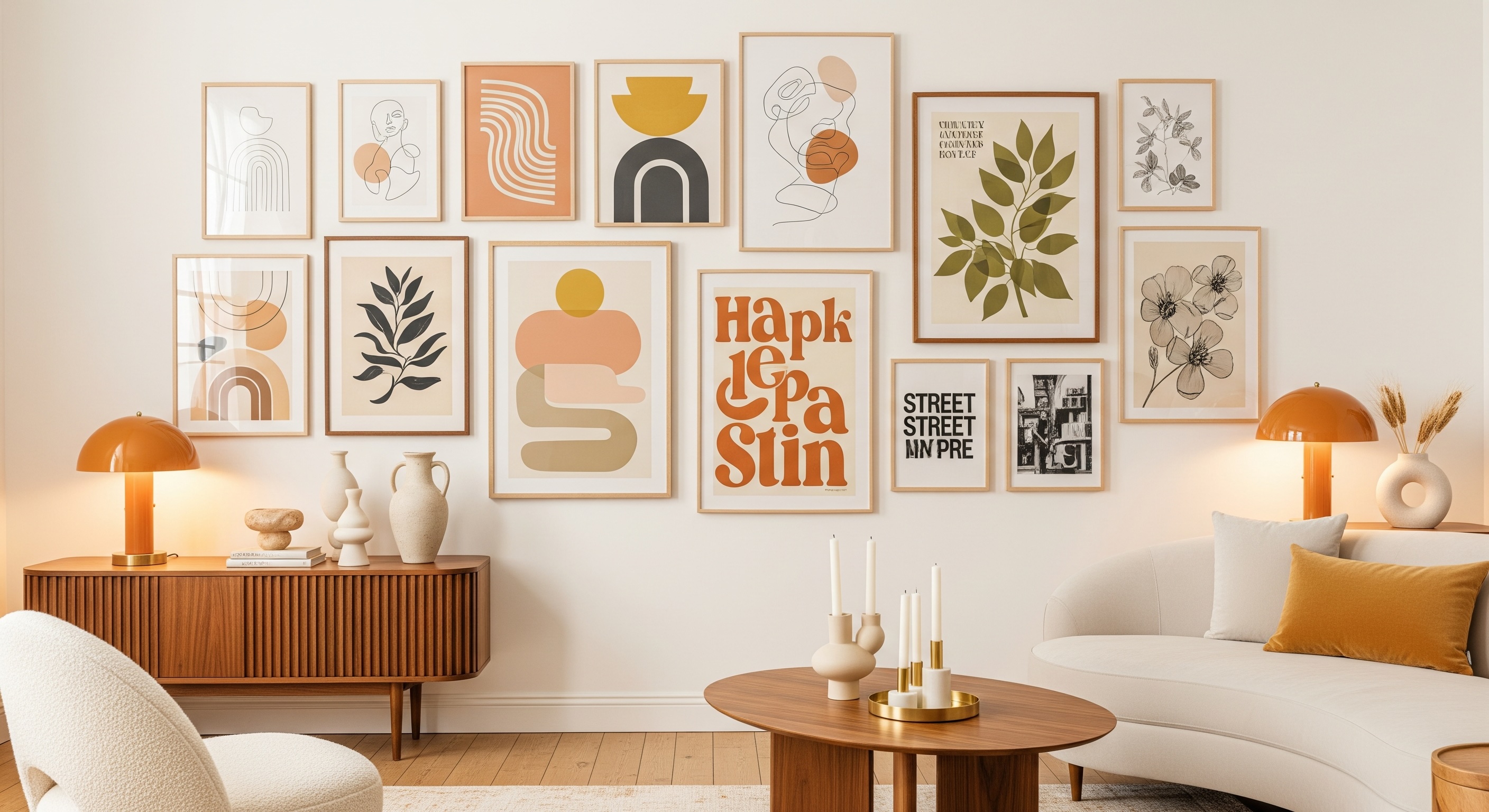 Retro Vintage Living Room Gallery Wall with Cream and Beige Tones, Orange Accents and Birch and Cherry Wood Frames