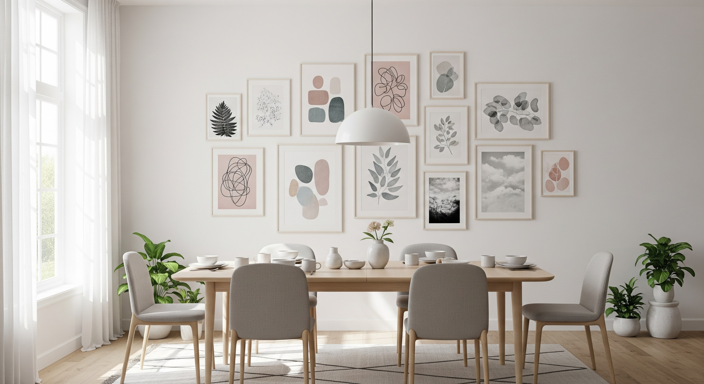 Modern Scandinavian Dining Room Gallery Wall with White, Cream and Beige Tones and Birch Frames