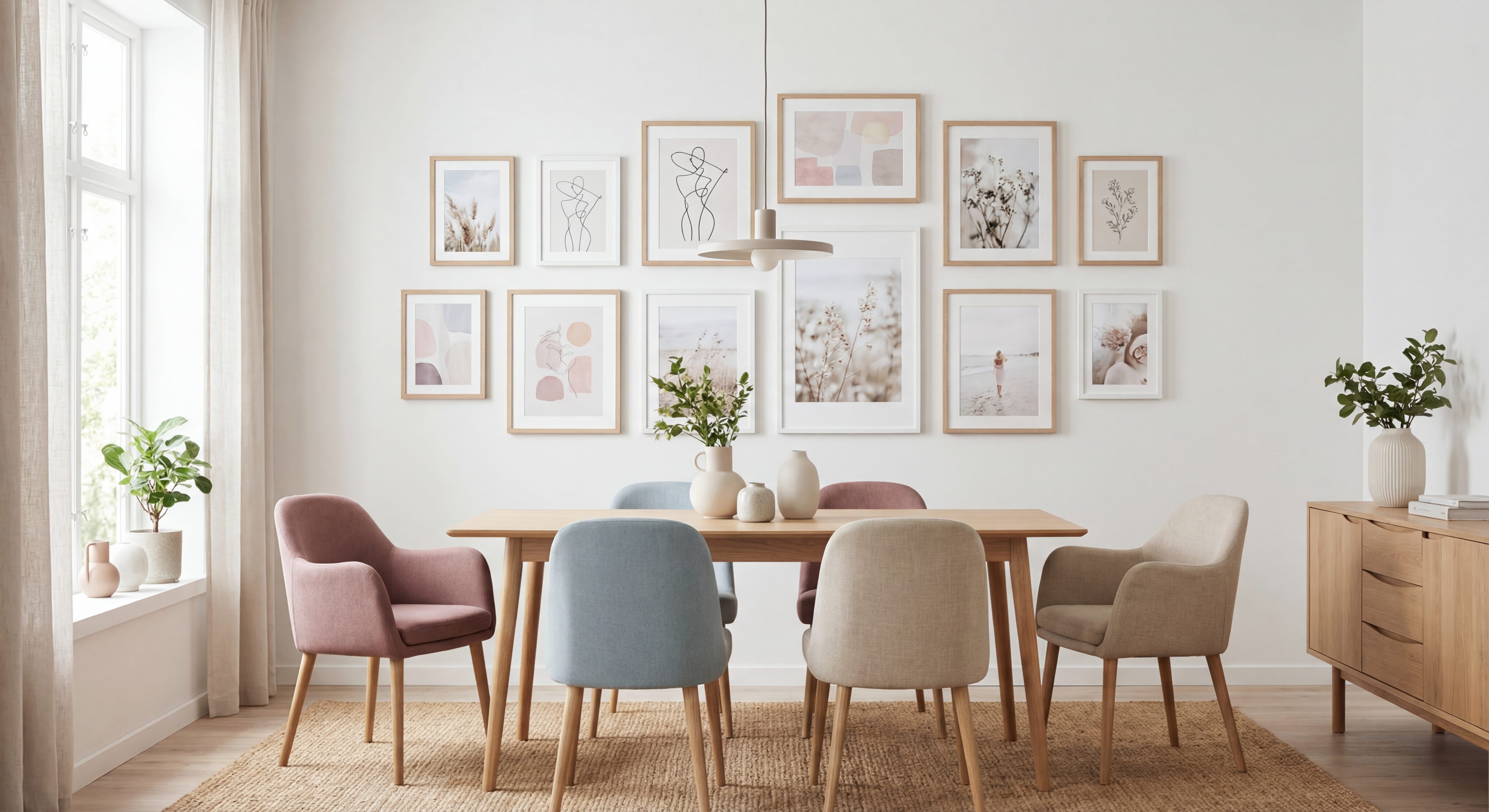 Modern Scandinavian Dining Room Gallery Wall with White and Pastel Tones, Birch and White Frames