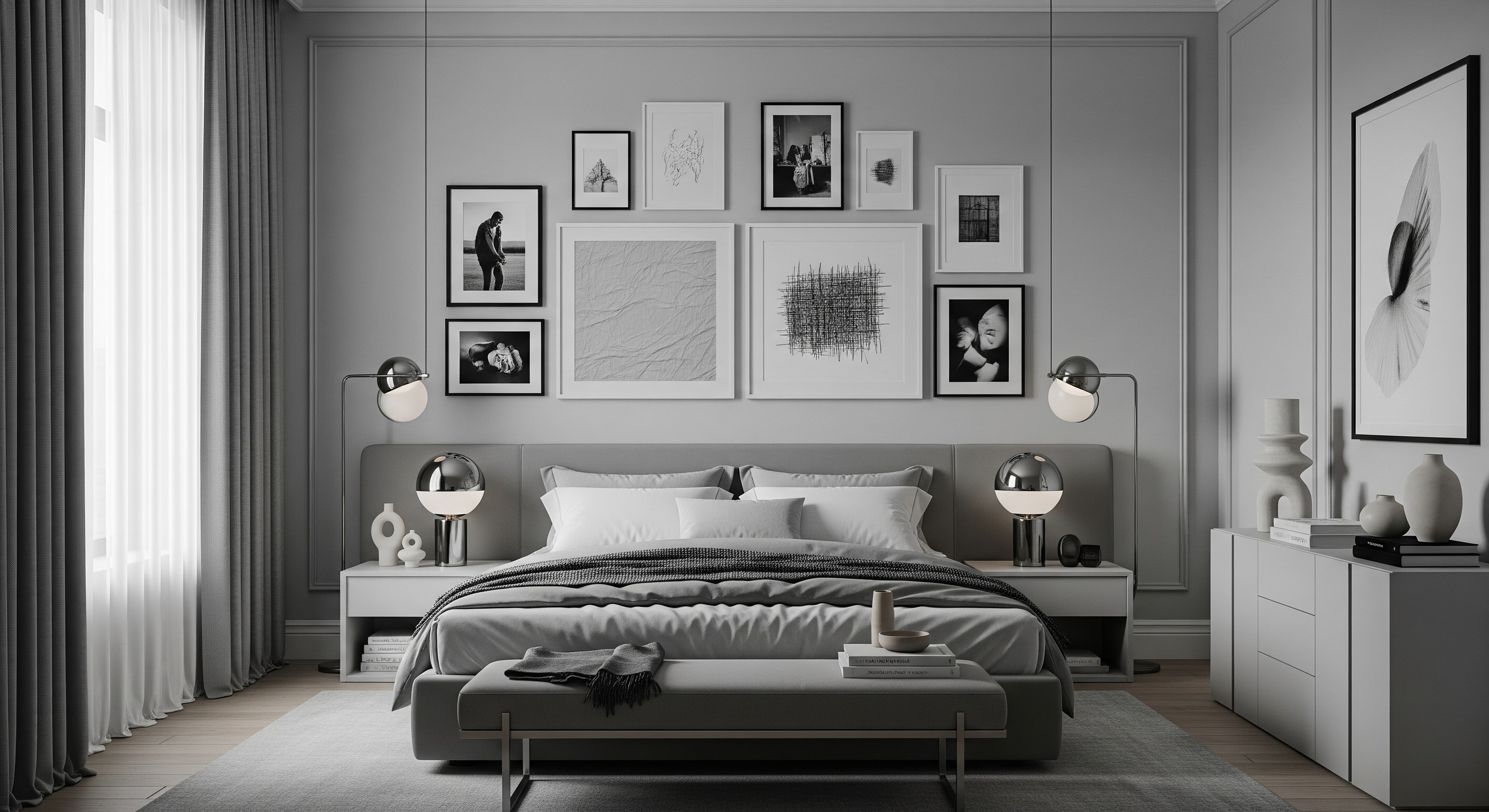 Modern Bedroom Gallery Wall in Grey and White with Minimal Frames