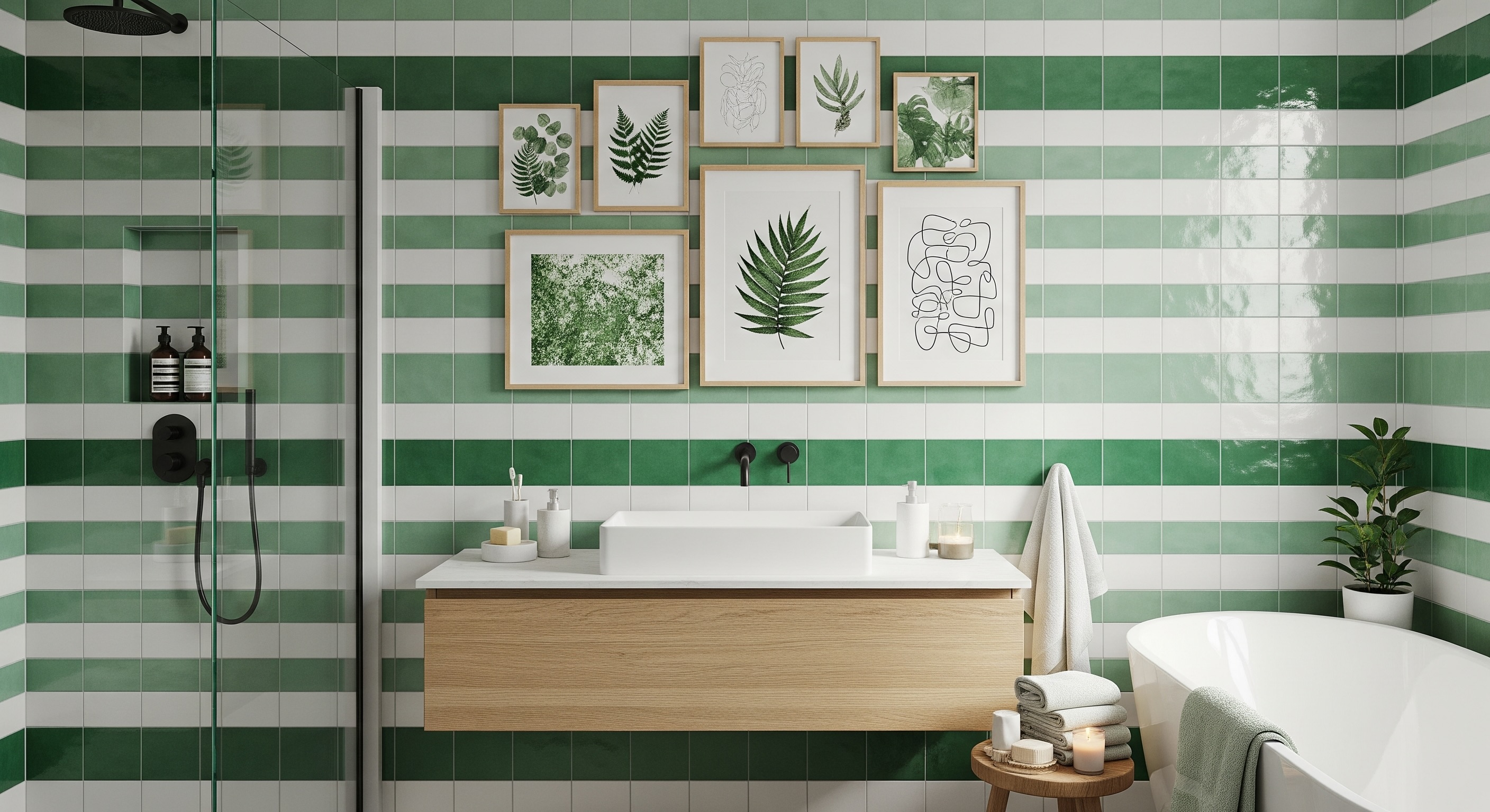 Modern Bathroom Gallery Wall with Green Nature Art and Birch Wood Frames