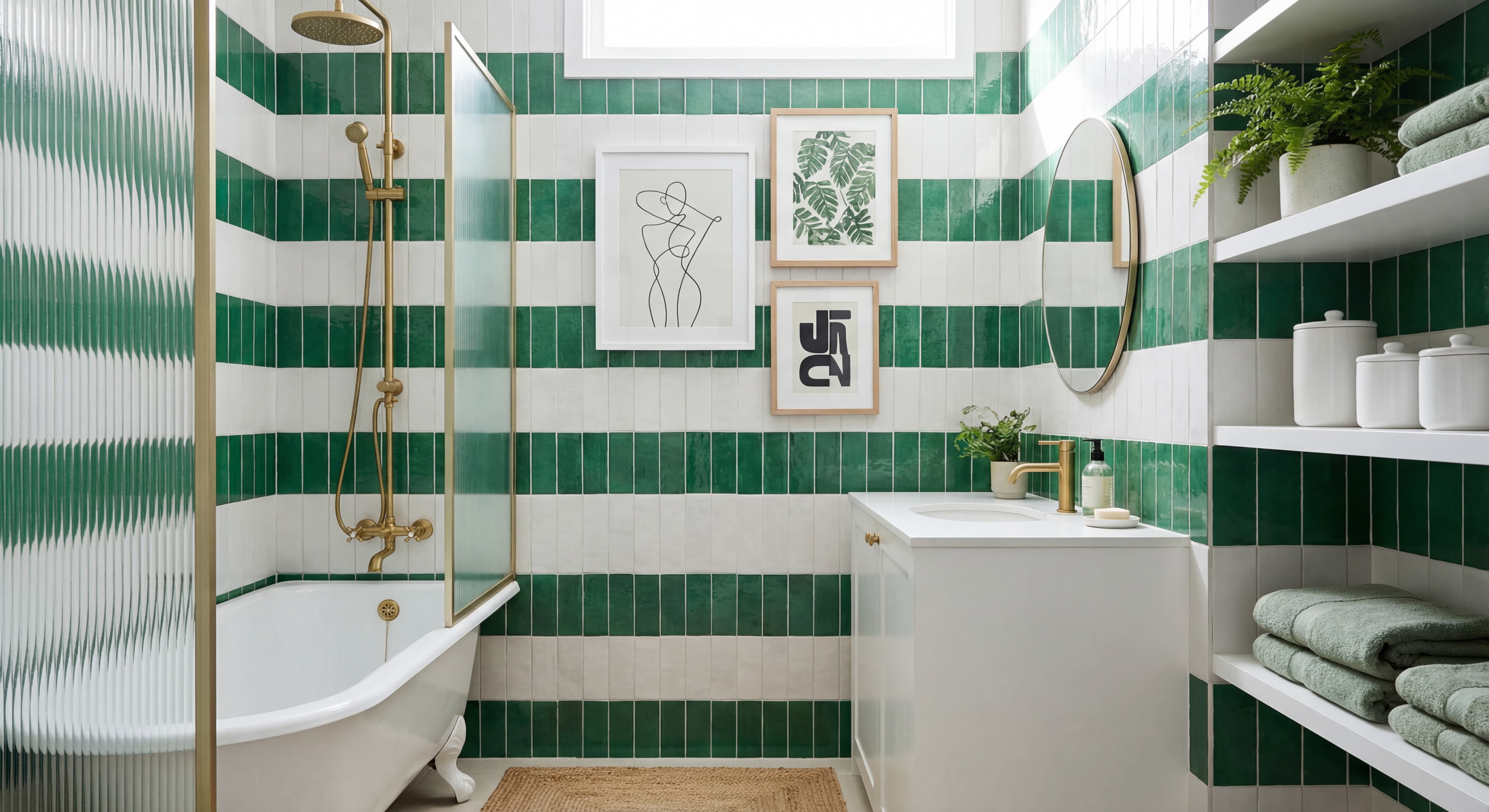 Modern Bathroom Gallery Wall with Green and Gold Accents and White and Birch Frames