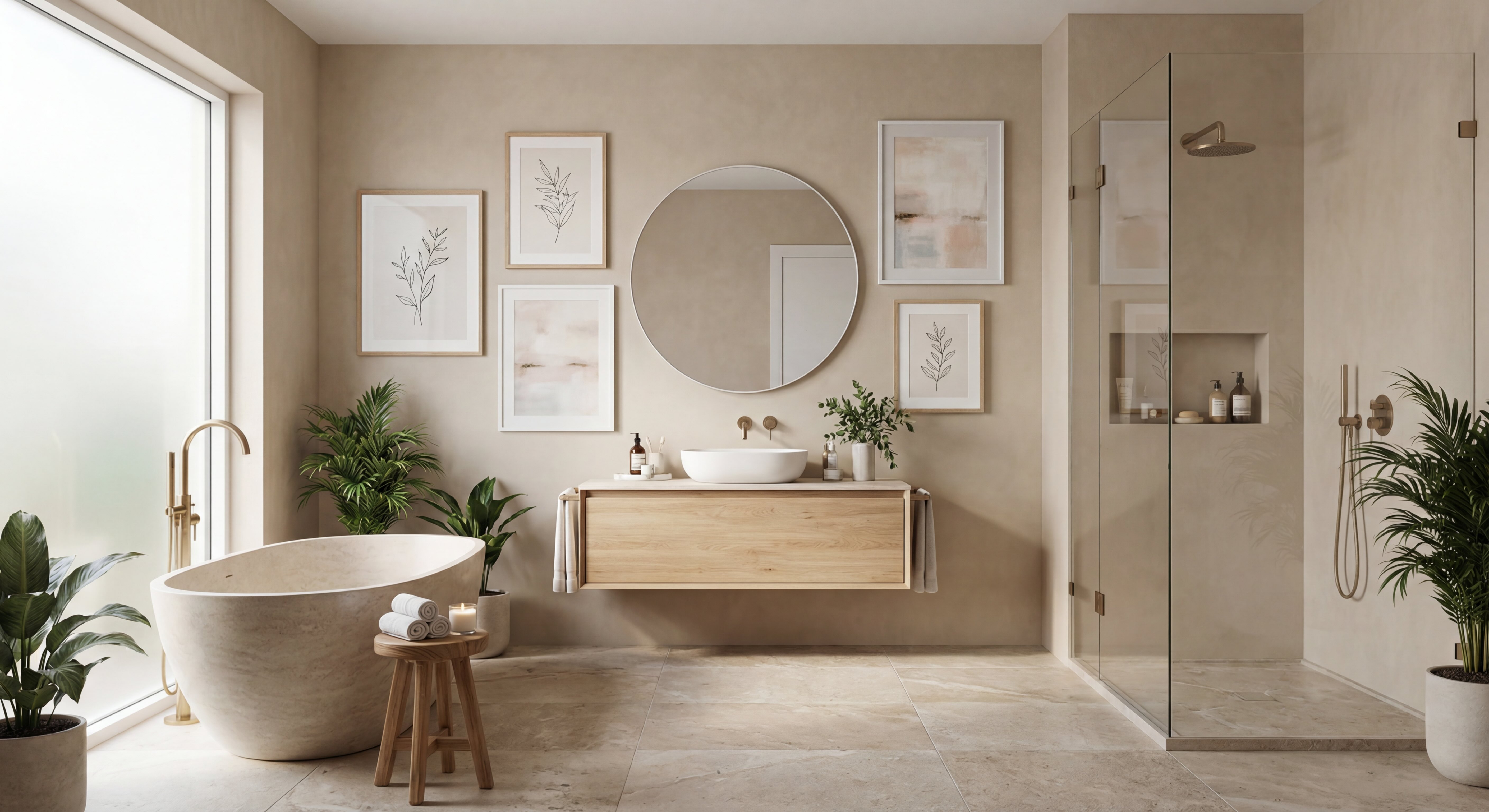 Zen Bathroom Gallery Wall with Pastel Tones, Beige Taupe Neutrals, and Oak & White Frames