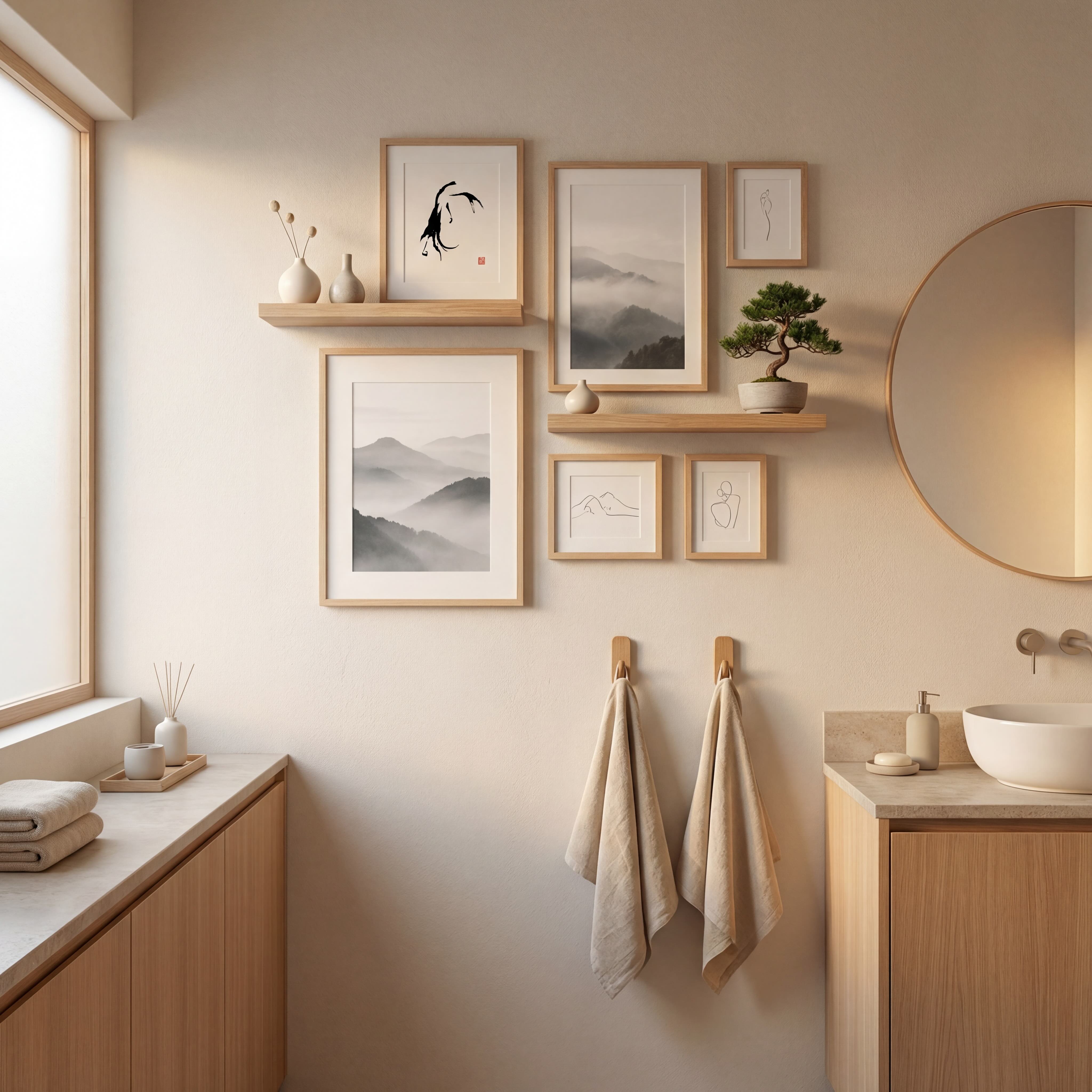 Japanese Zen Bathroom Gallery Wall with Beige Neutrals, Light Wood Frames, and Ink Art