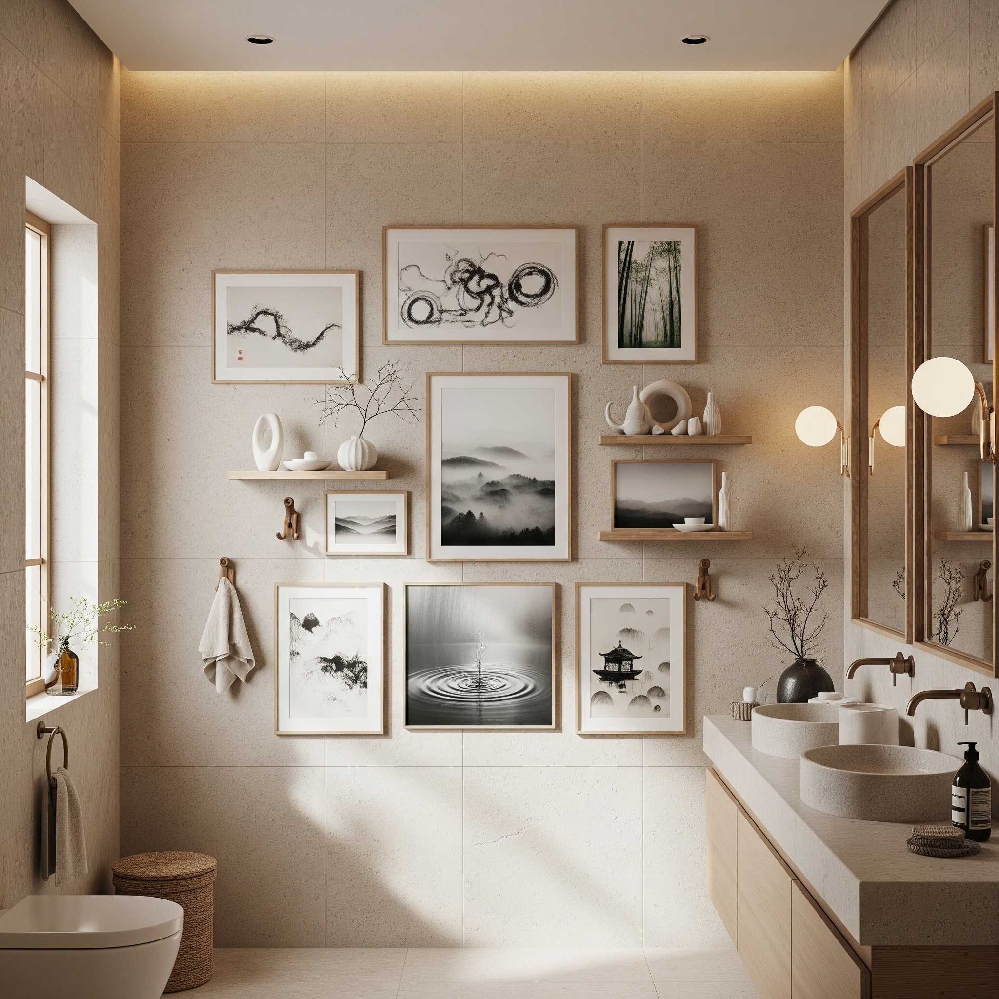 Japanese Zen Bathroom Gallery Wall with Beige Neutrals, Oak Frames, and Ink Art