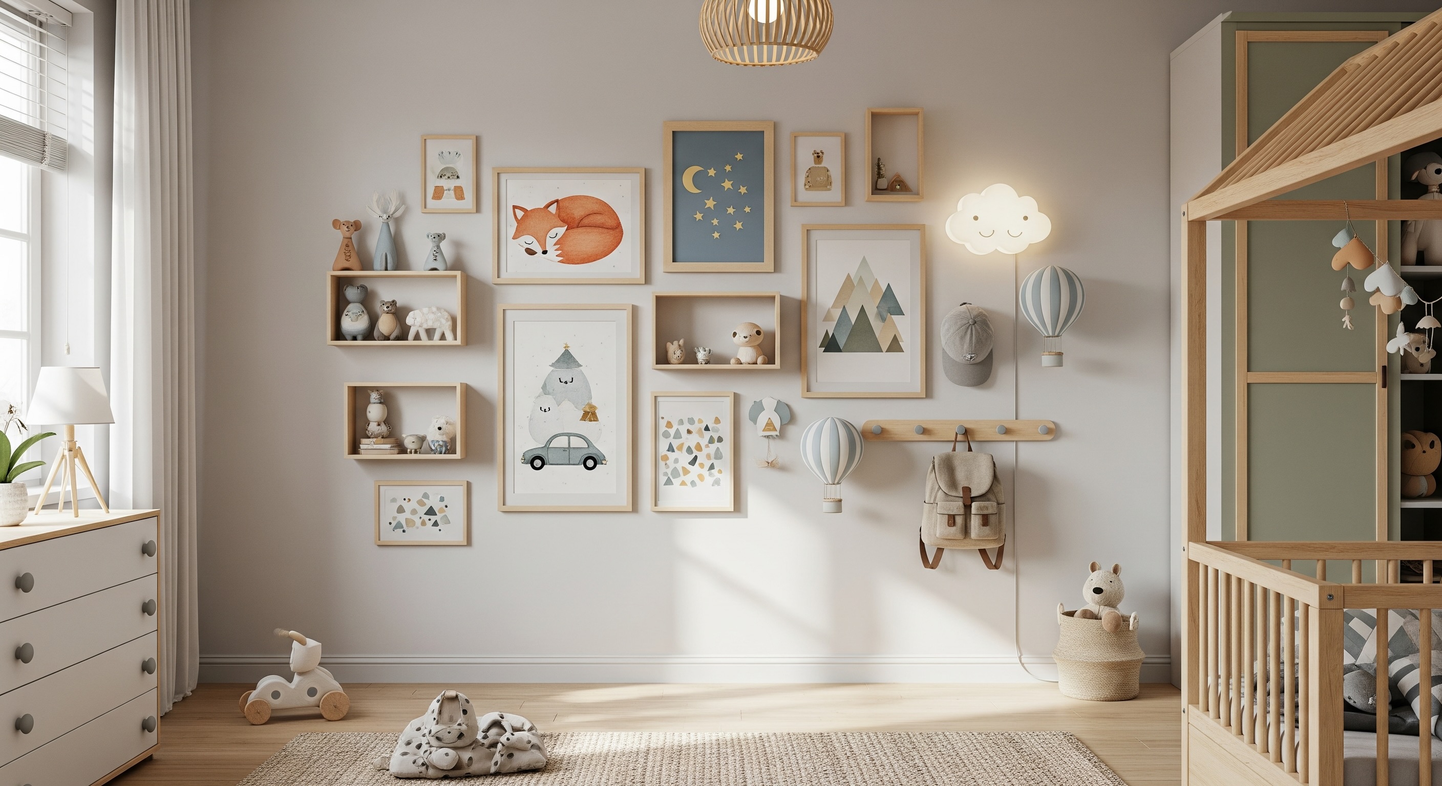 Kids Bedroom Gallery Wall with Pastel Blue, Green and Brown Tones, Animal Art, and Birch Frames