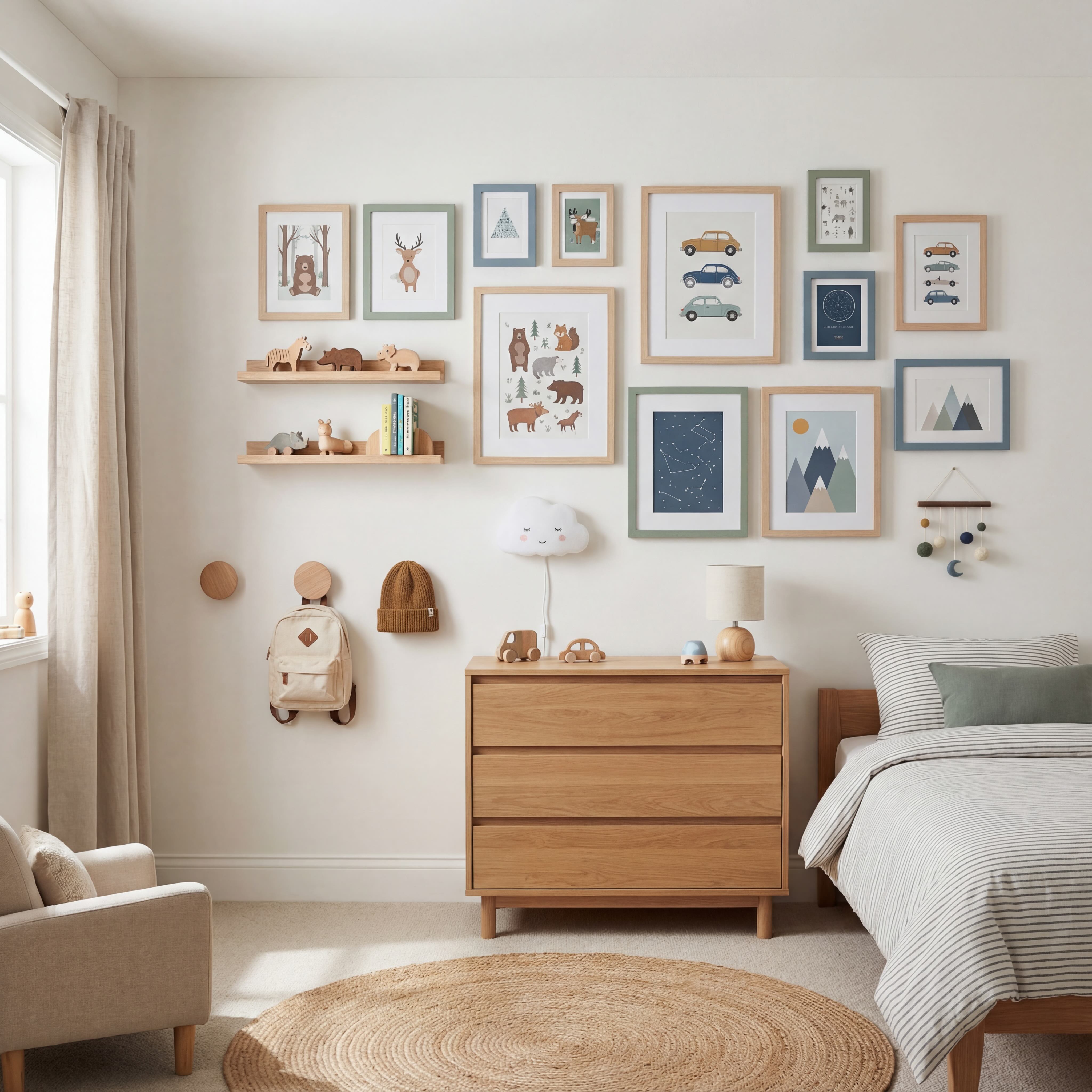 Boy Bedroom Gallery Wall with Pastel Blue and Orange Tones, Cars & Animal Art, and Birch Frames