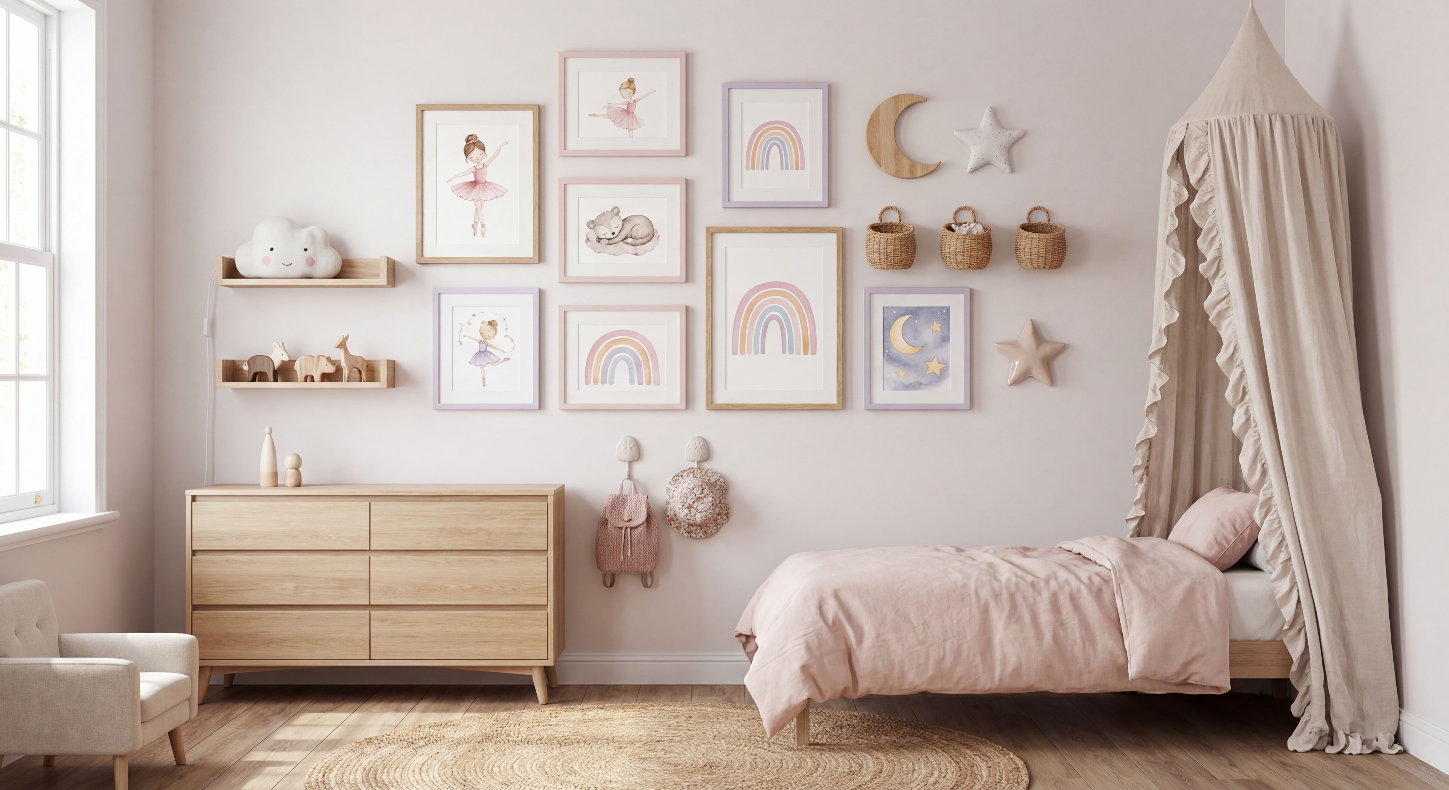 Girl Bedroom Gallery Wall with Pastel Pink and Beige Tones, Ballet & Animal Art, and Oak & Purple Frames