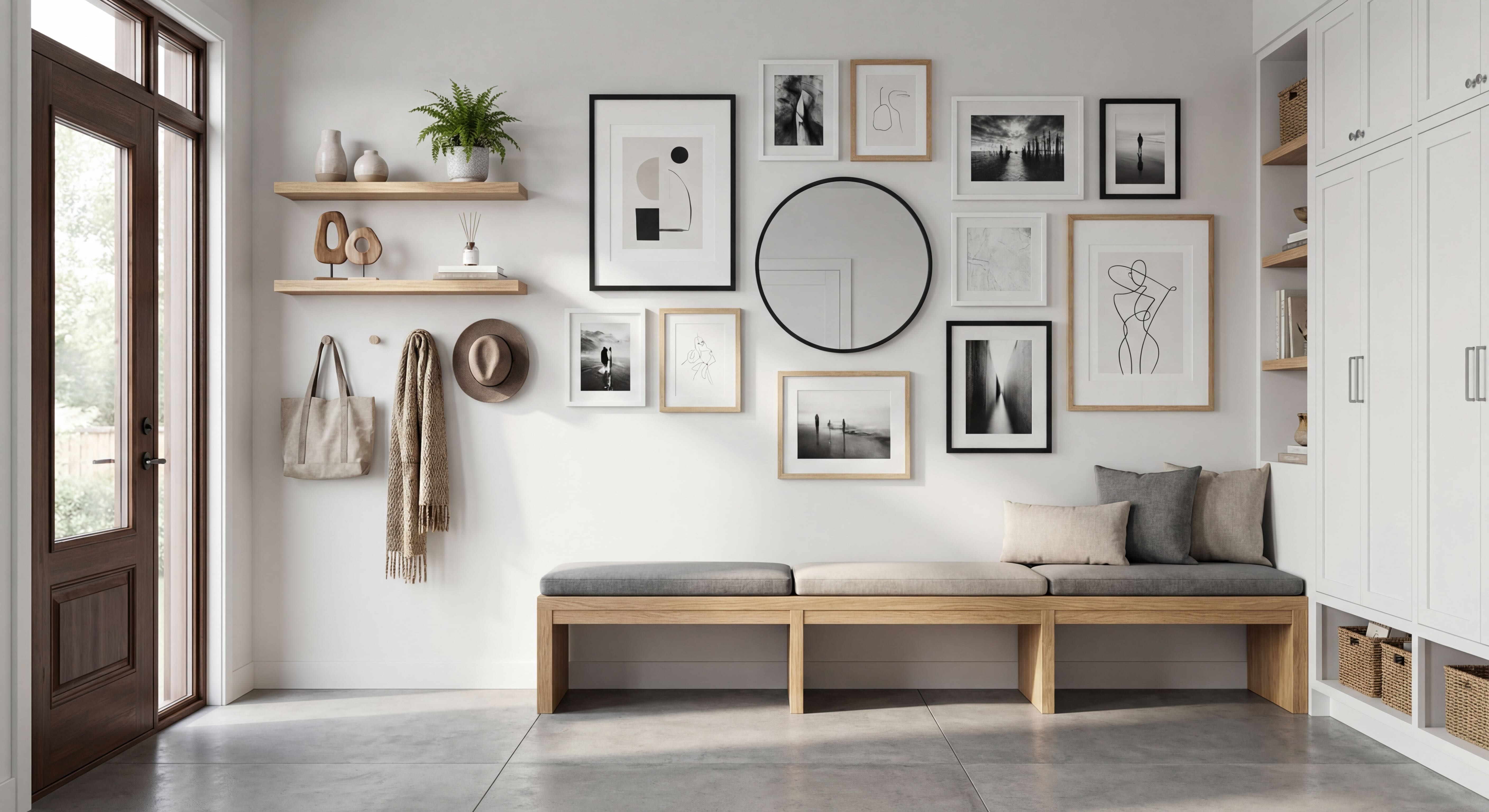 Modern Entryway Gallery Wall with Beige and White Tones, Black & Oak Frames, and Round Mirror