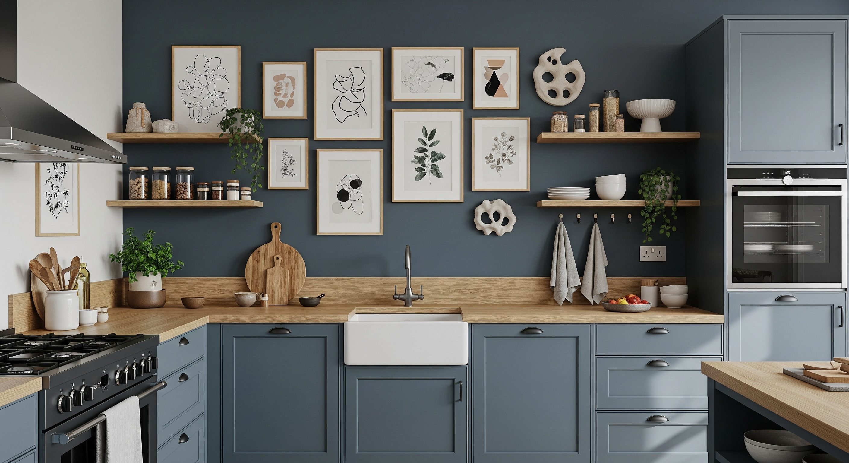 Modern Kitchen Gallery Wall with Blue Gray Wall, Birch Frames, and Abstract Botanical Art