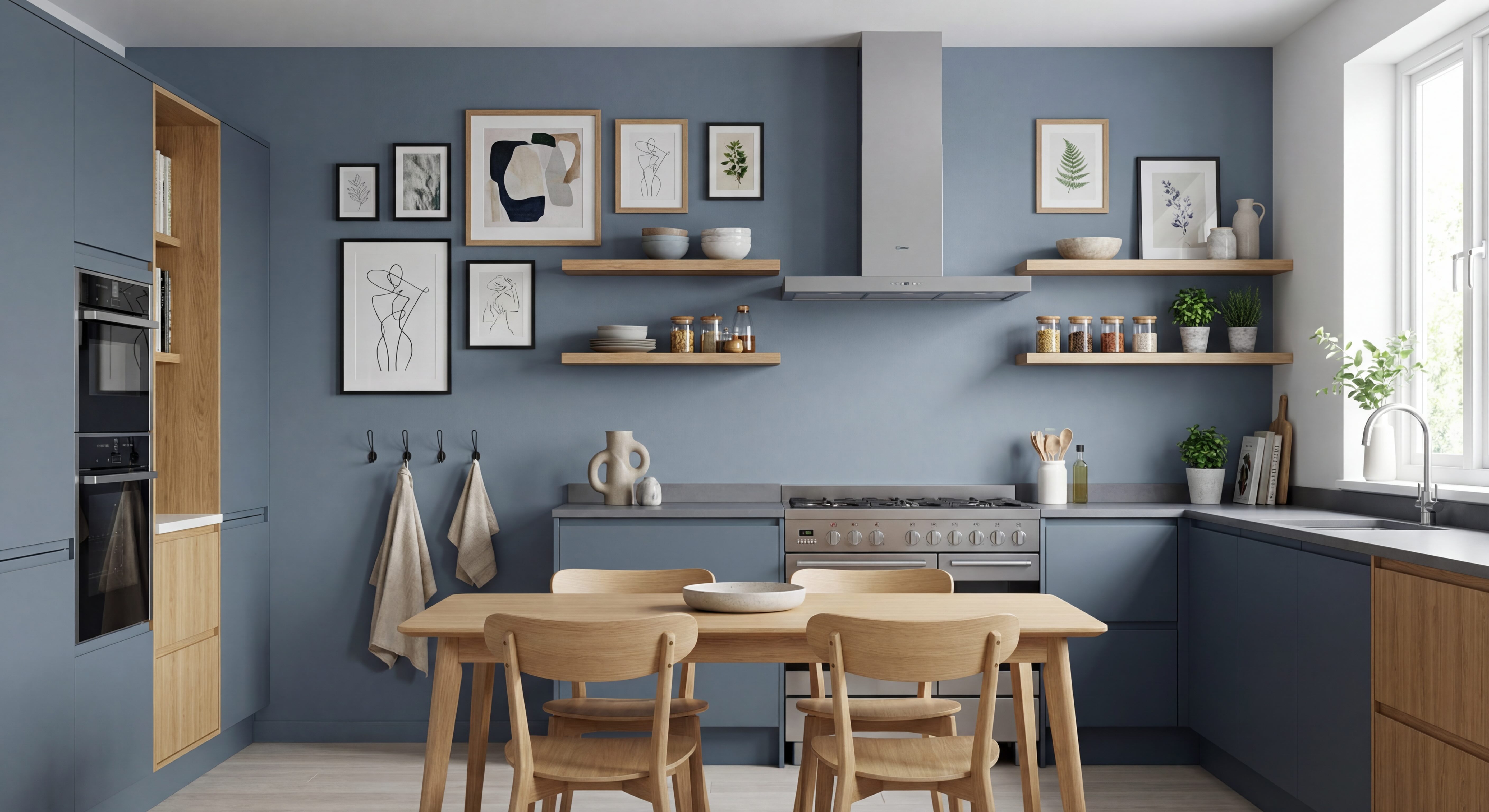Modern Kitchen and Dining Area Gallery Wall with Blue Gray Wall, Light Wood & Black Frames, and Light Wood Shelves