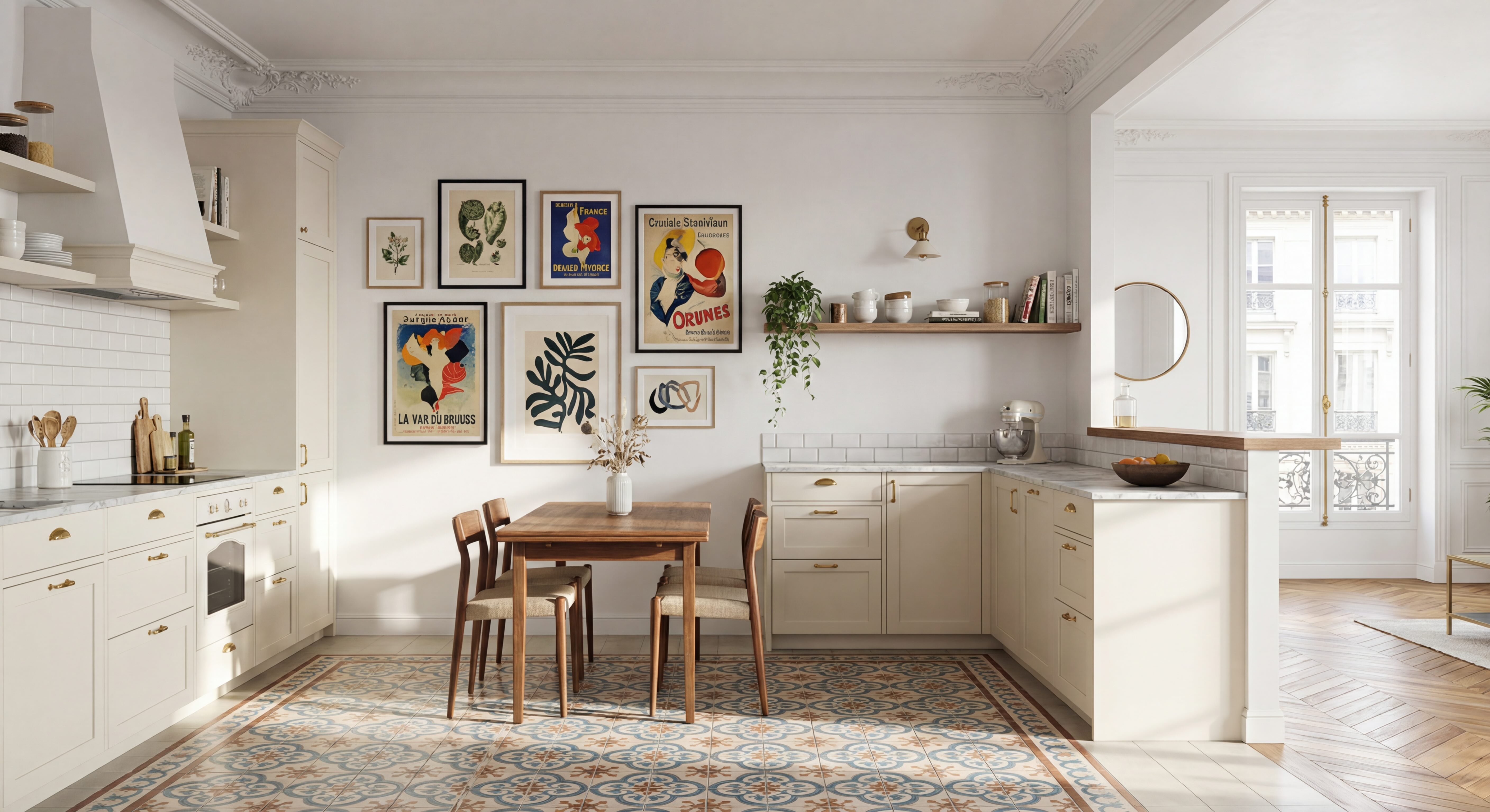 Parisian Kitchen and Dining Gallery Wall with Black & Oak Frames
