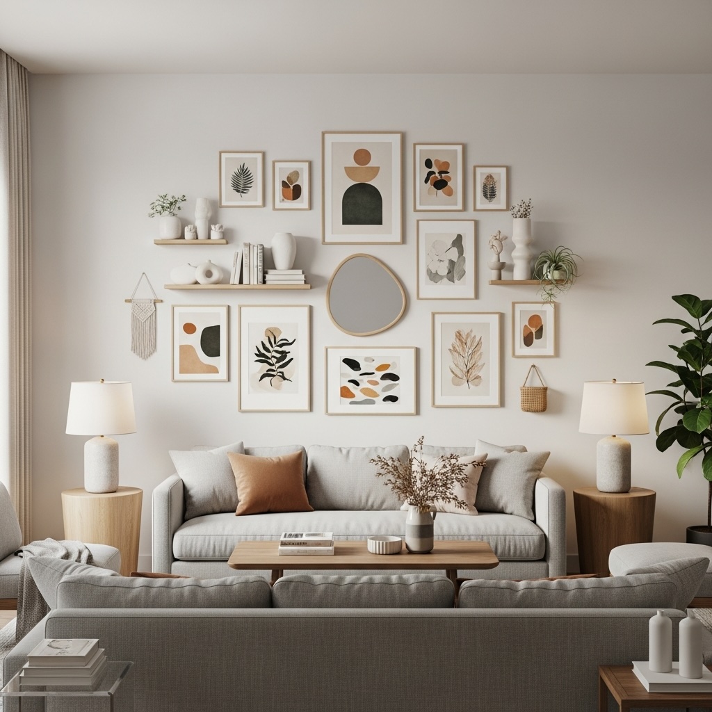Japandi Living Room Gallery Wall with Shelves, Birch Frames and a Light Gray Sofa