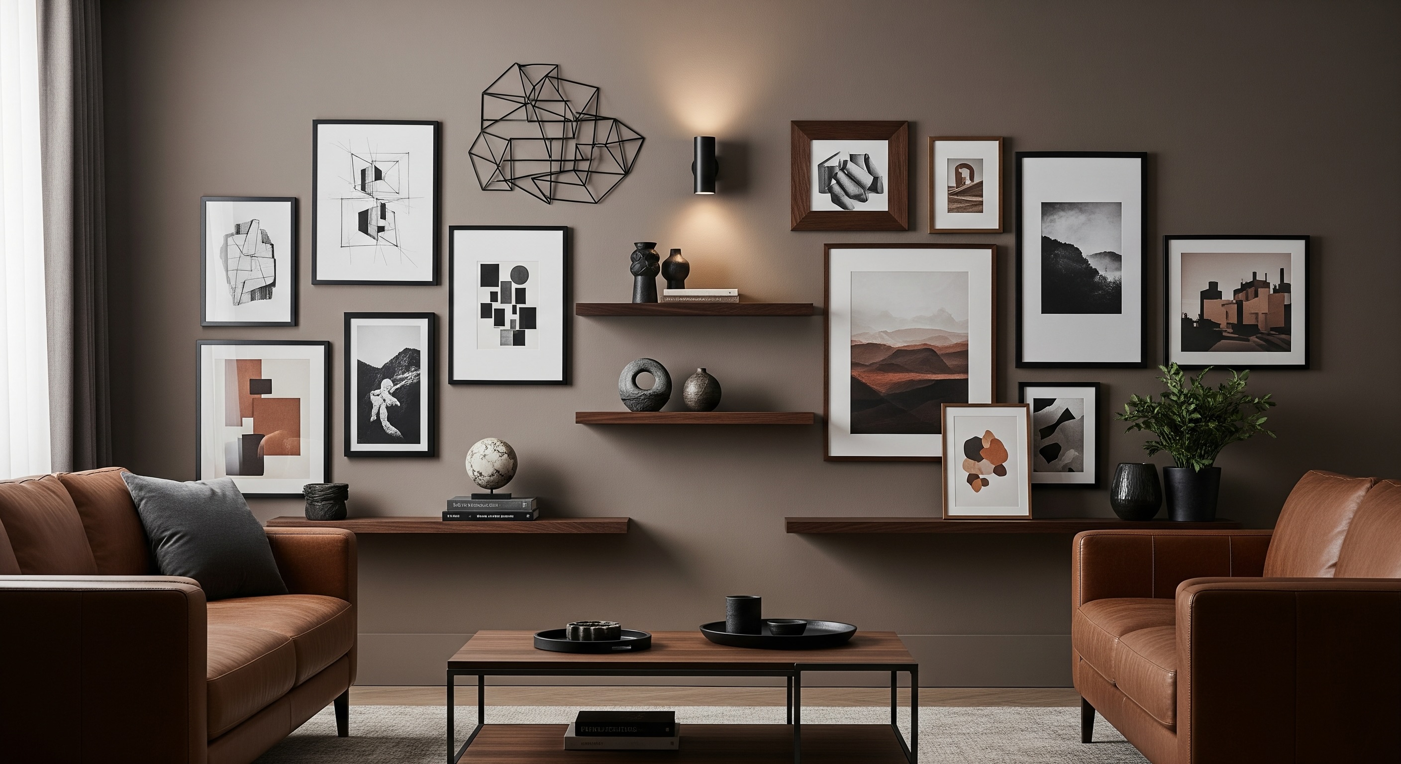 Masculine Living Room Gallery Wall with Brown Tones, Dark Wood Shelves, and Black & Dark Wood Frames