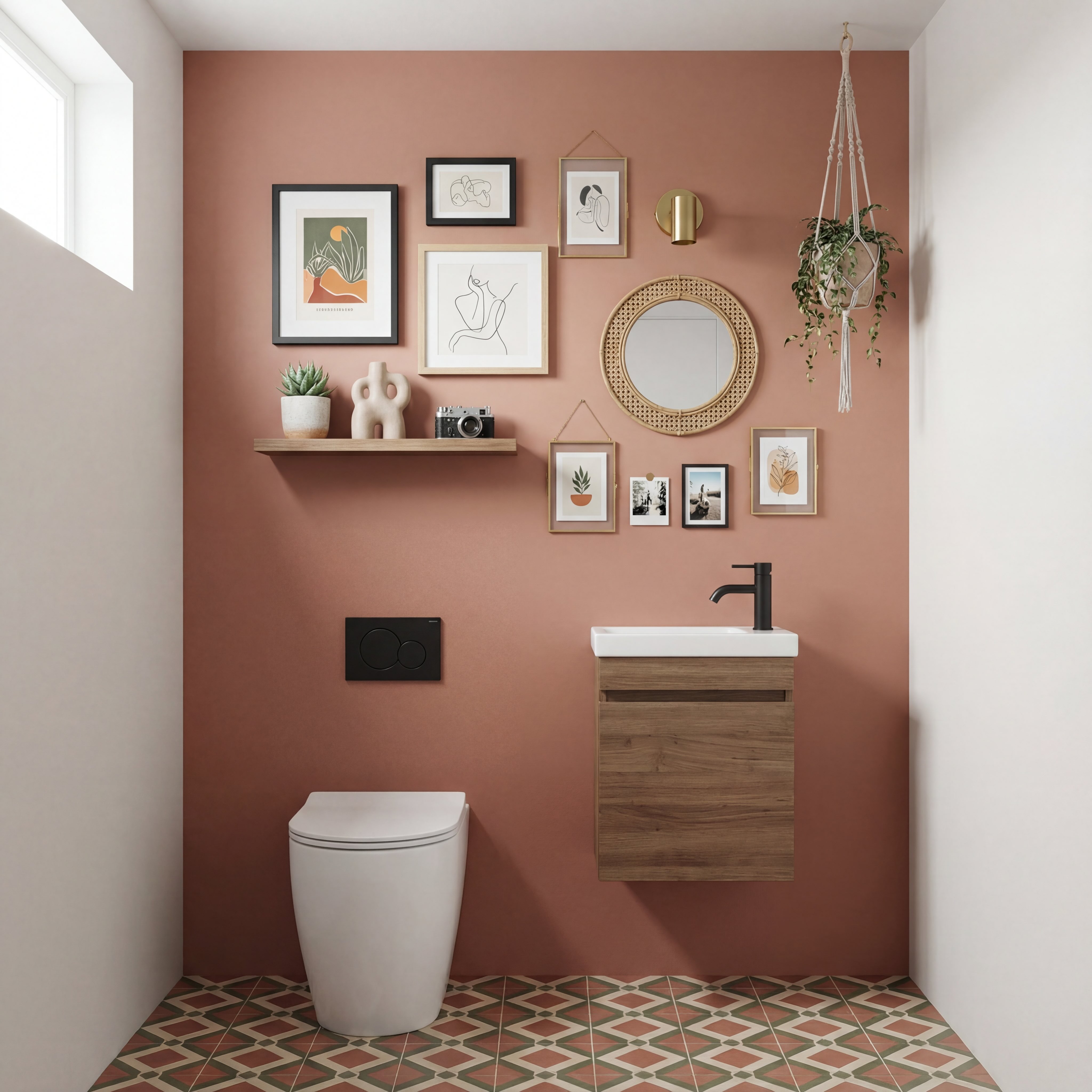 Ethnic Toilet Gallery Wall with Terracotta accents and Light Wood Frames, shelves and a woven mirror.