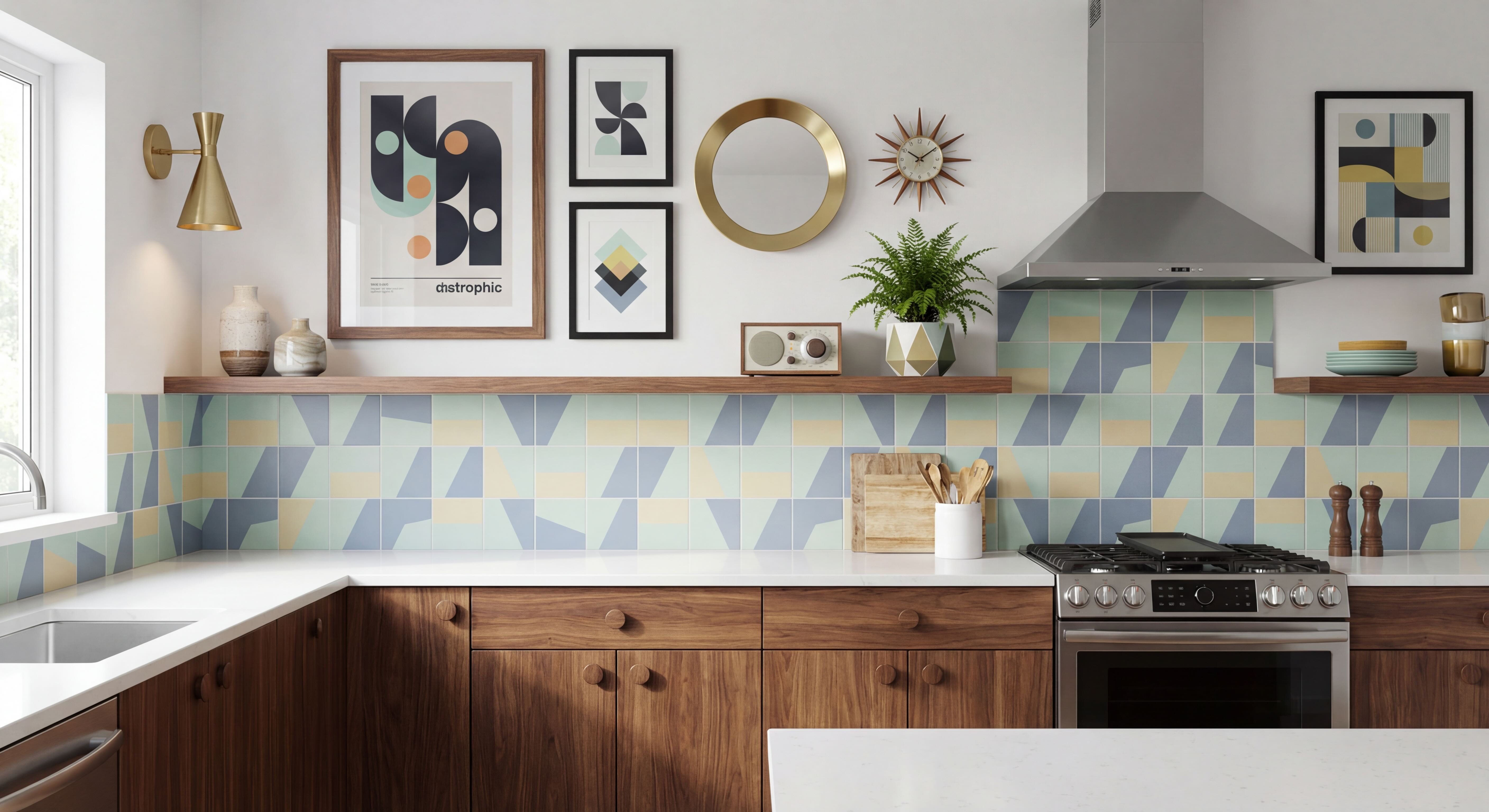 60s Modern Pop Kitchen Gallery Wall Red Wood and black Frames and gold wall decoration