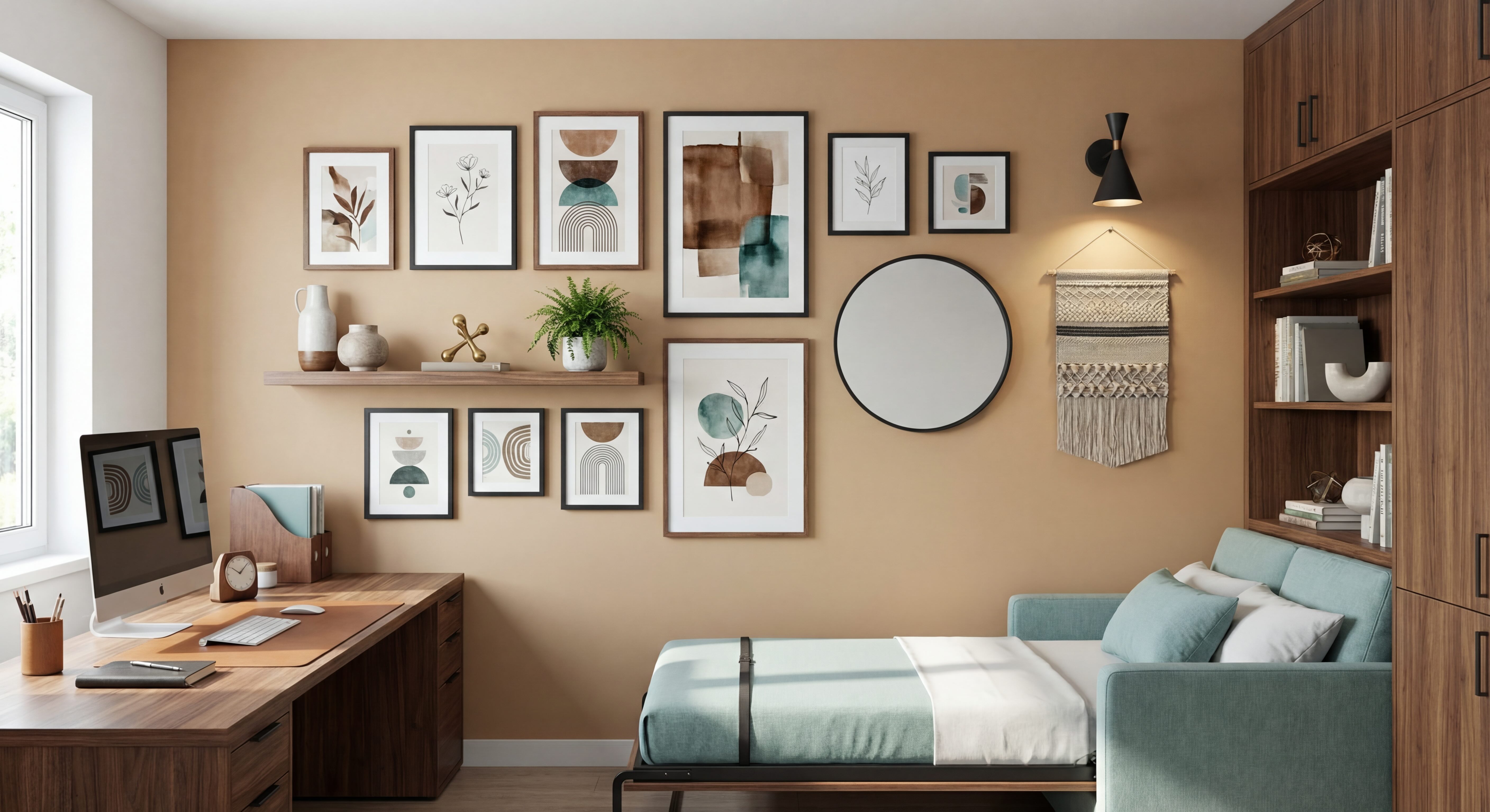 Modern Chic Home Office and Guest Room Gallery Wall with Teal, Green and Dark Wood Frames